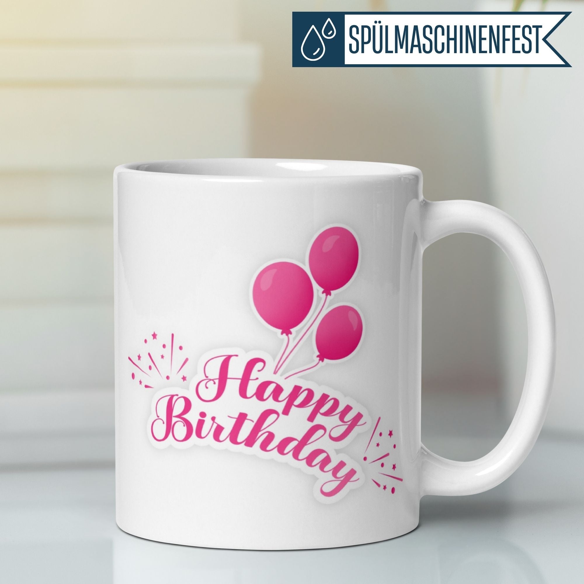 Momentals® Happy Birthday mug with pink balloons and festive design, perfect for celebrating special moments.