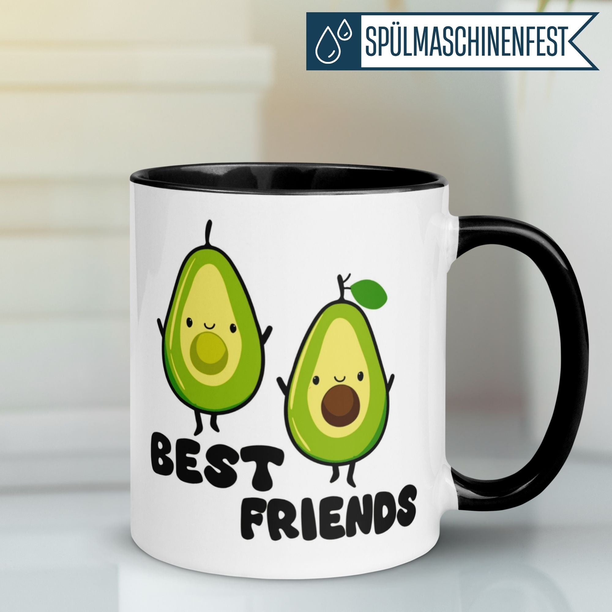 Momentals® Avocado Tasse mit fröhlichen Avocado-Motiven und dem Schriftzug 'Best Friends' für beste Freundschaften.