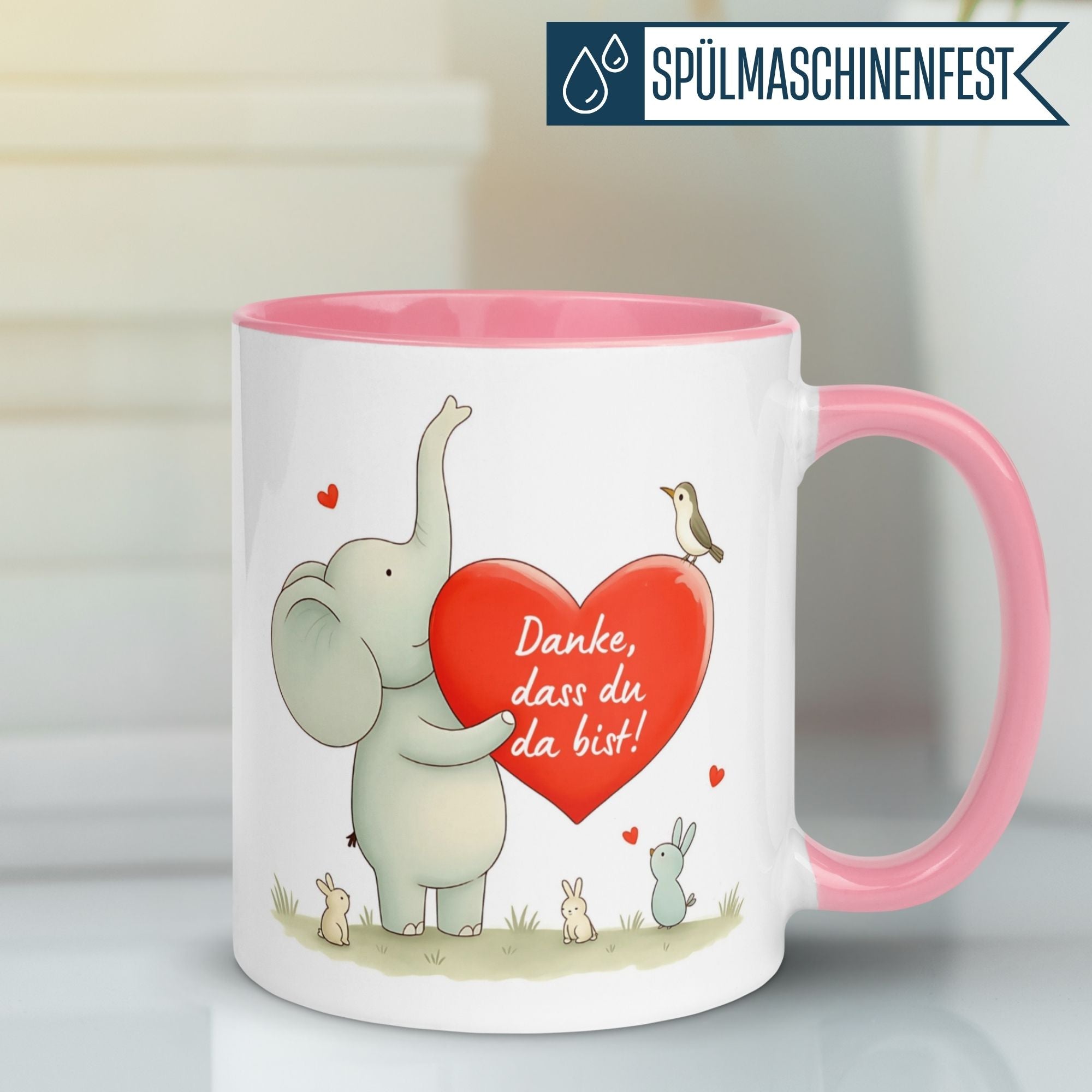 Momentals Tasse mit Elefant, Herz und Tierfreunden, die "Danke, dass du da bist!" sagt.