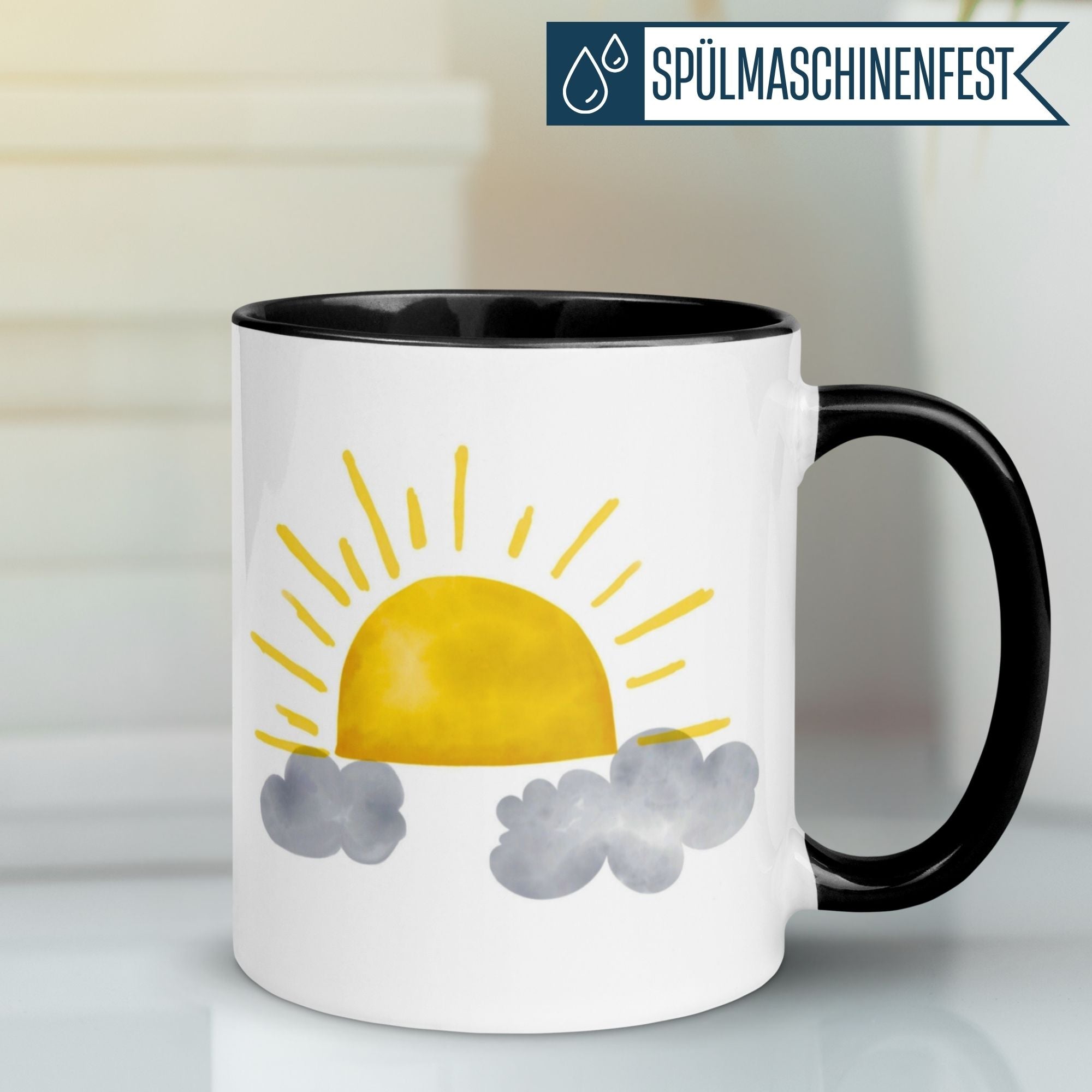 Momentals® Tasse mit Aquarell-Sonnenaufgang und Wolkenmotiv, perfekt für einen hoffnungsvollen Start in den Tag.