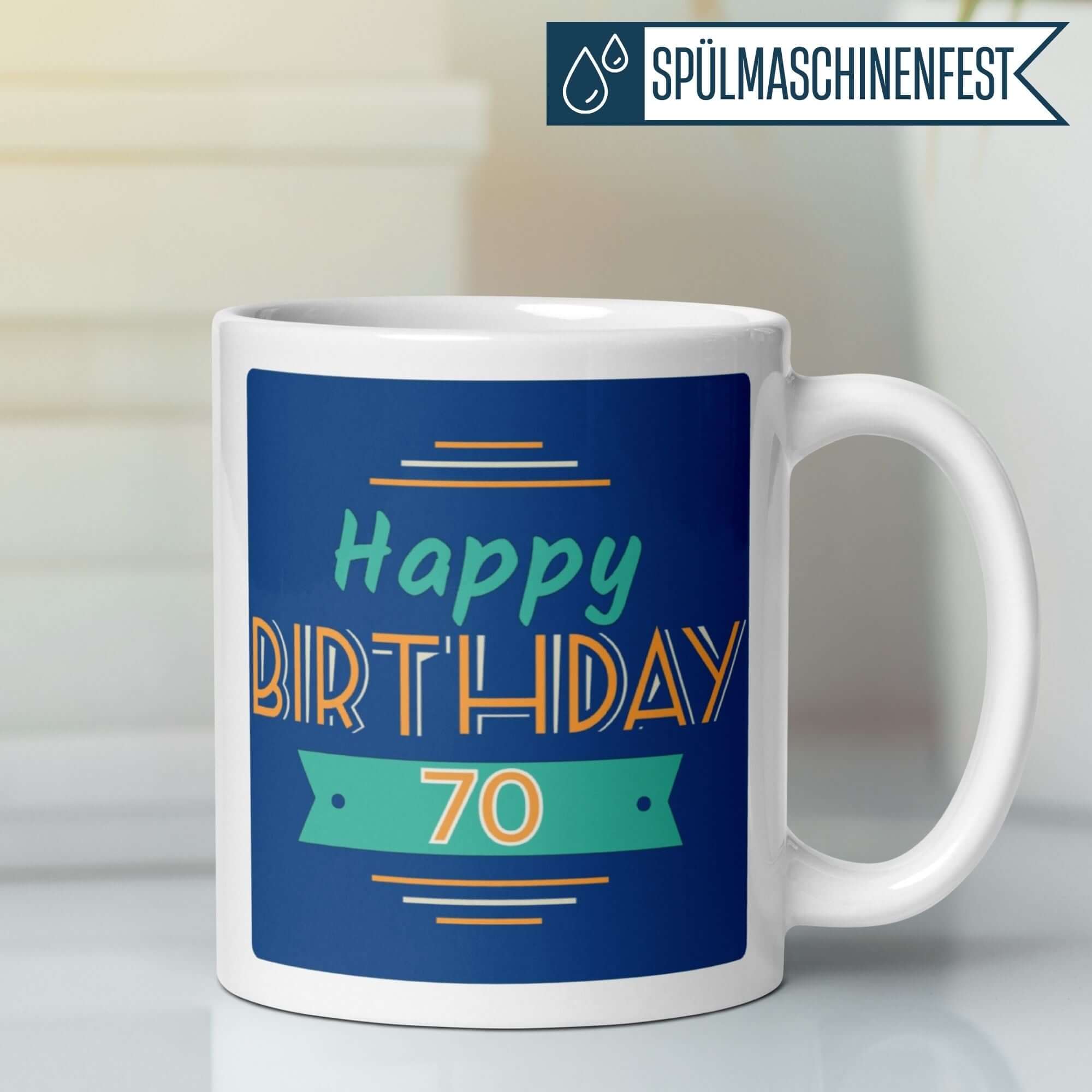 Farbenfrohe Tasse mit "Happy Birthday 70" für runde Geburtstagsfeiern, perfekt für den ersten Kaffee des Tages.