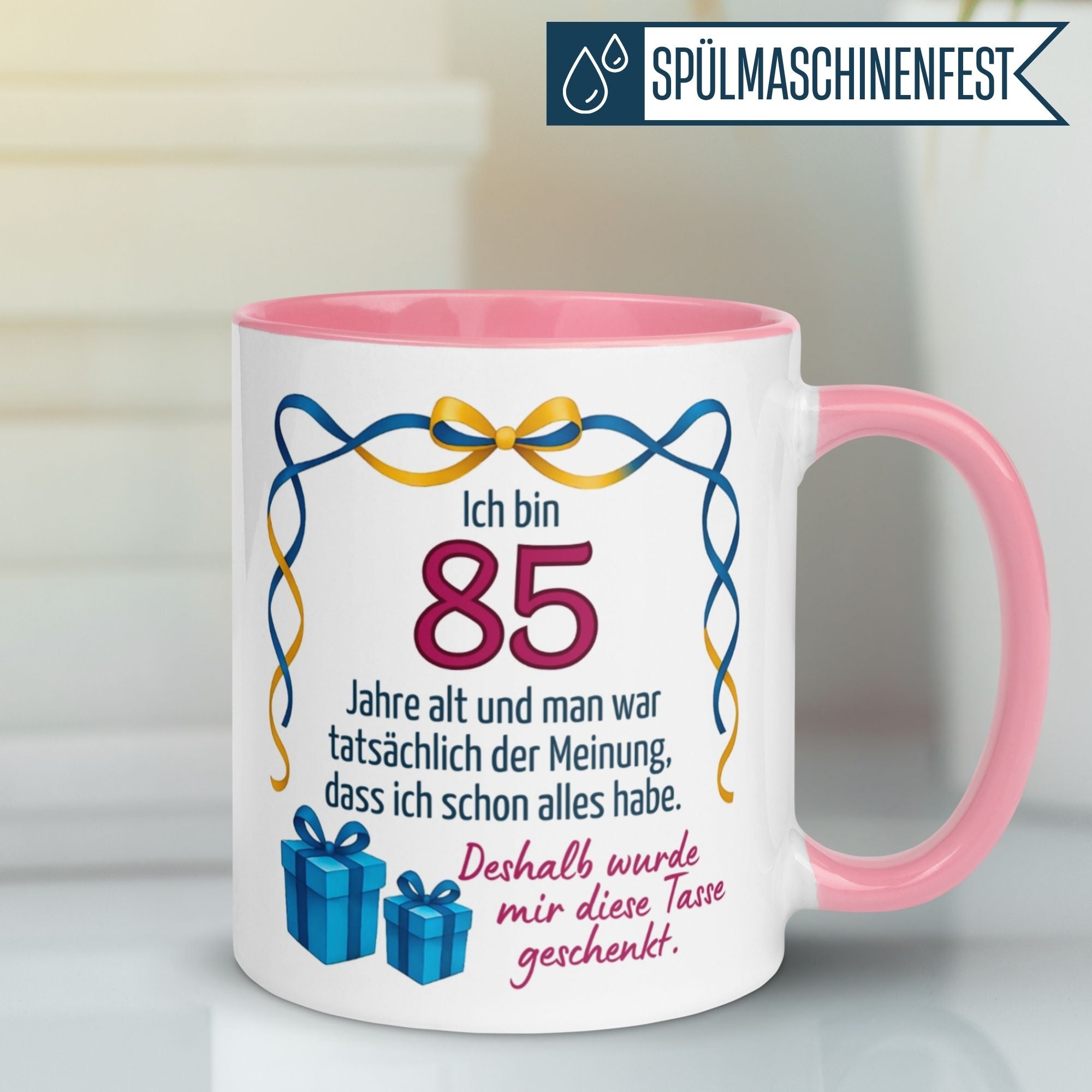 Momentals® Tasse für den 85. Geburtstag mit witzigem Spruch und buntem Design.