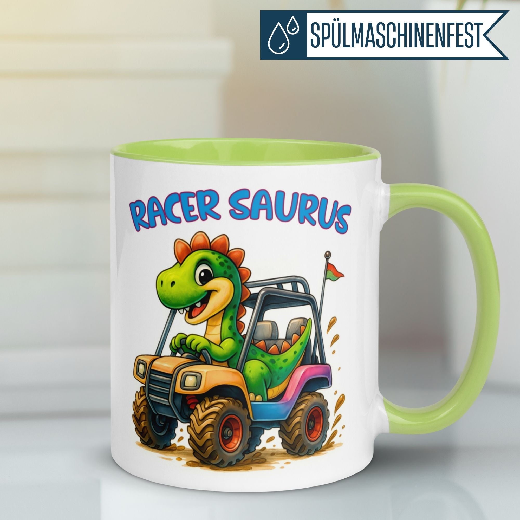 Tasse Dinosaurier – „Racer Saurus“ – Dino Geschenk Becher für Rennfahrer