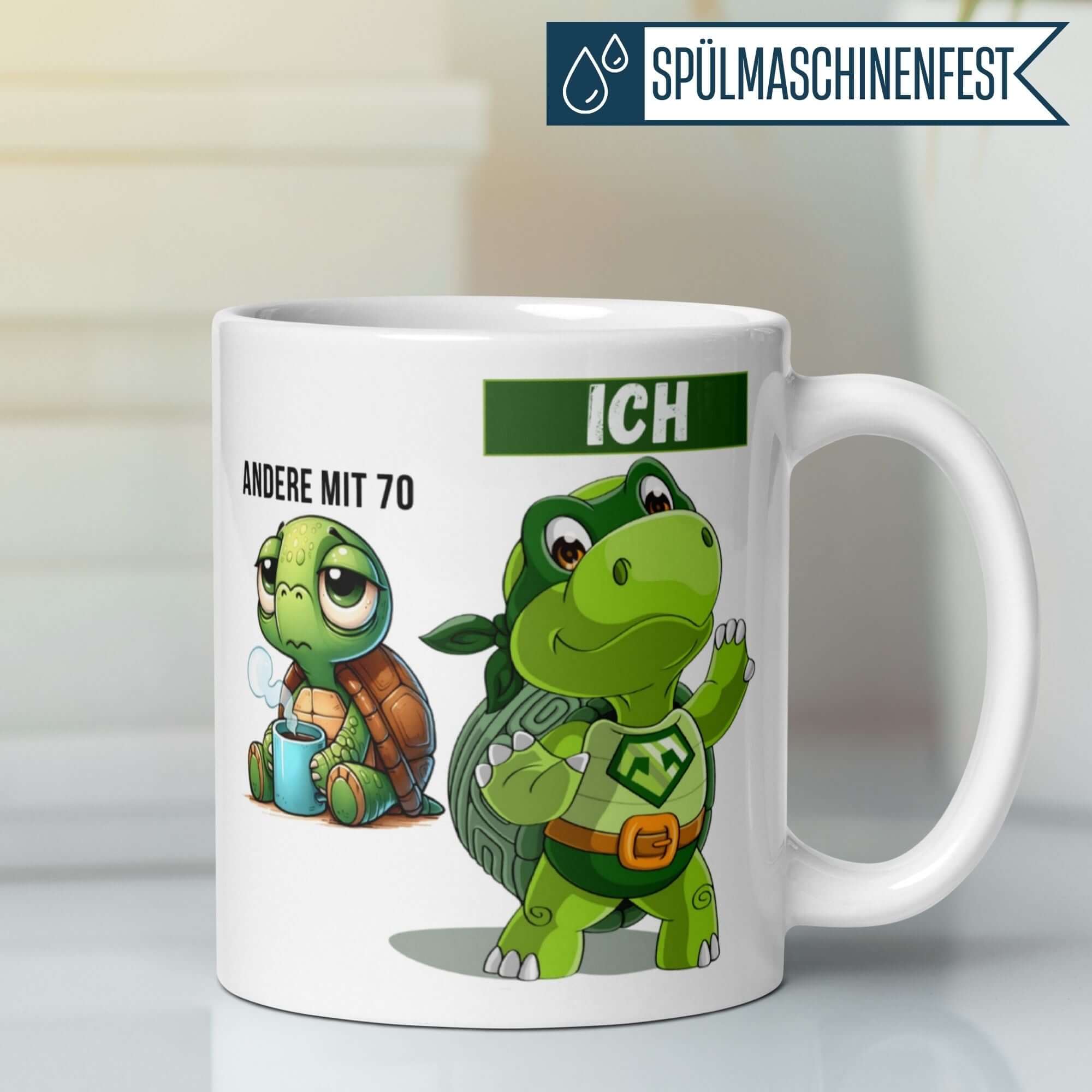 Funny 70th birthday mug featuring a sleepy turtle and a superhero turtle celebrating age.