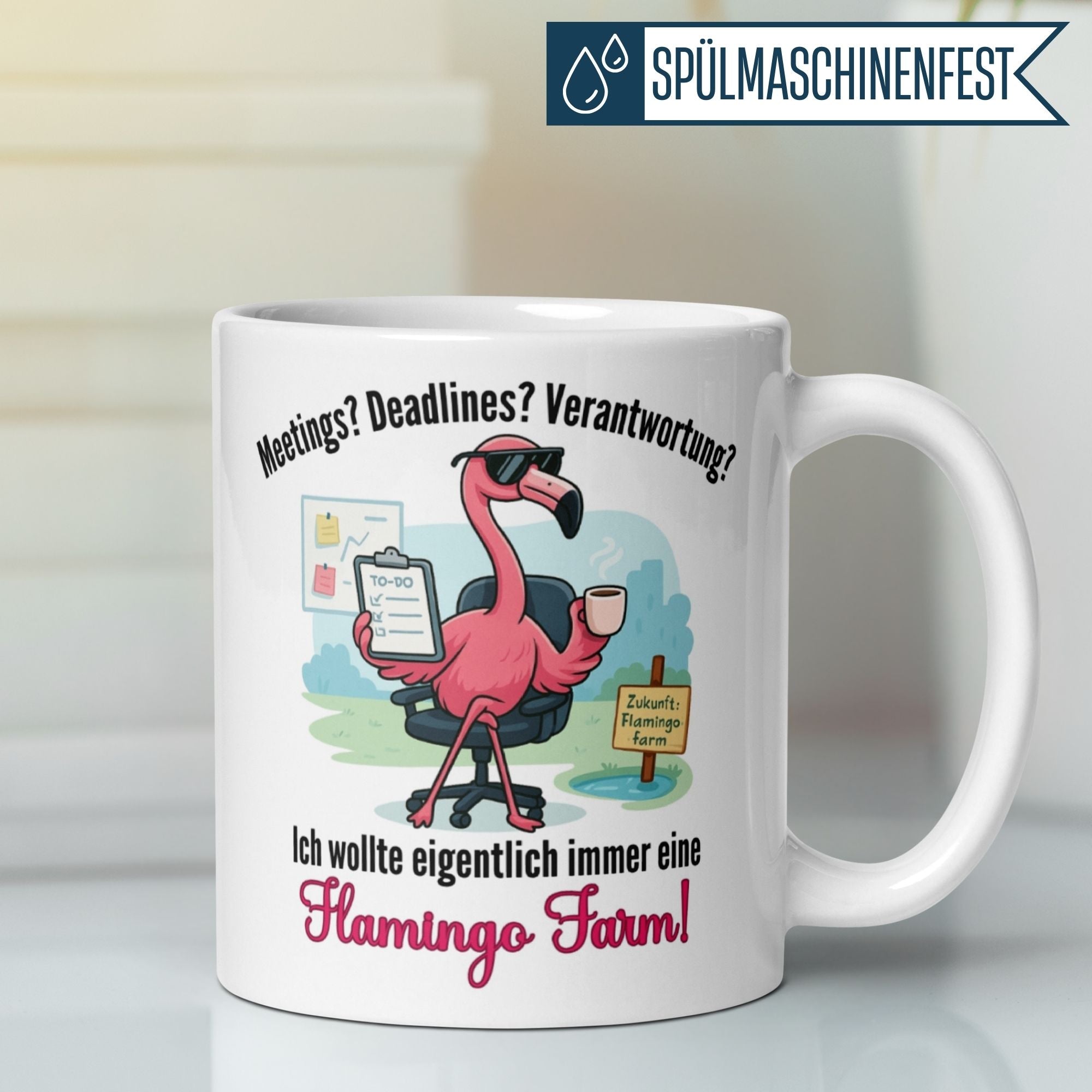 Momentals Tasse für Morgenmuffel mit humorvollem Flamingo-Motiv und Spruch über Flamingo Farm