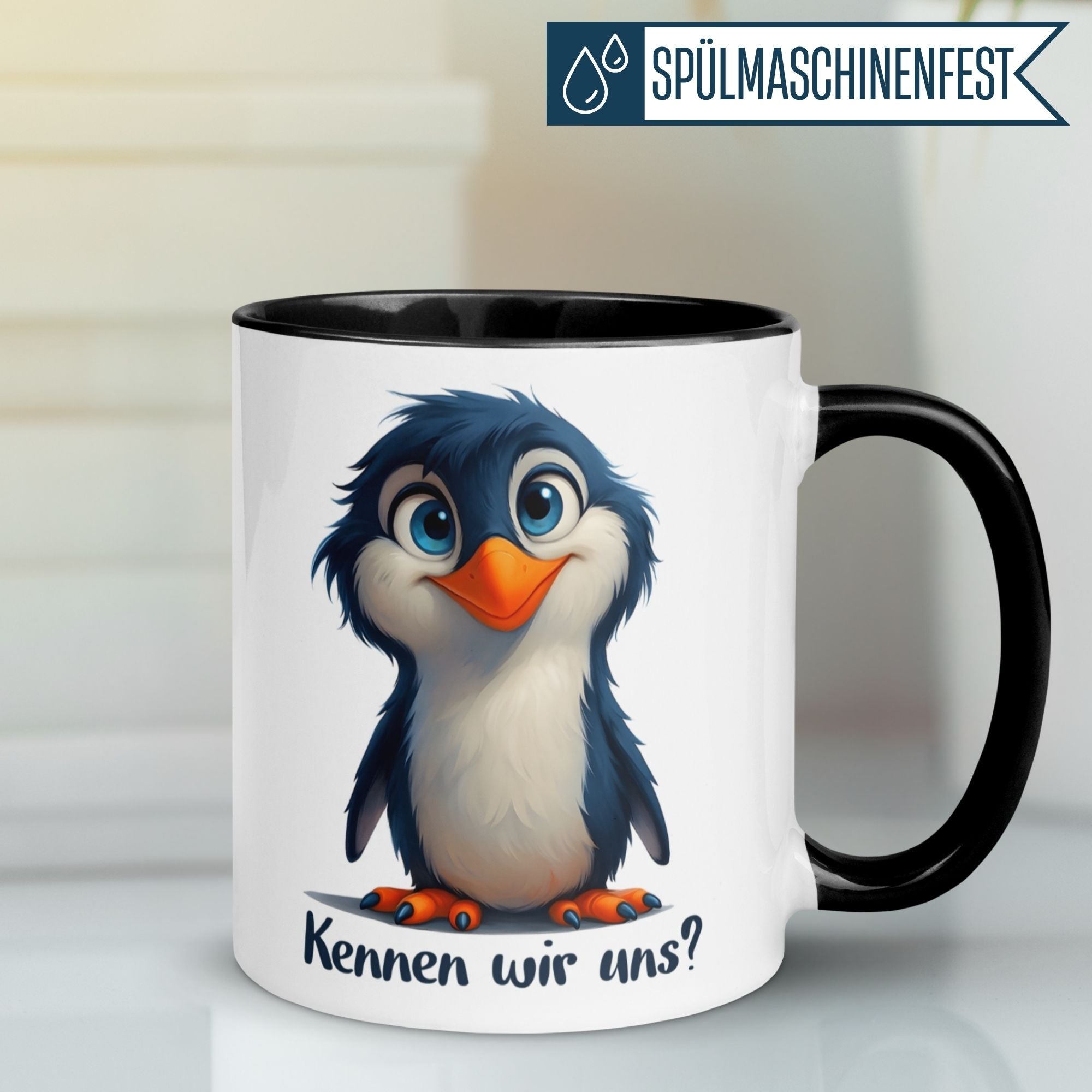 Tasse Pinguin – „Kennen wir uns“ – lustiger Geschenk Becher für Pinguin Fans