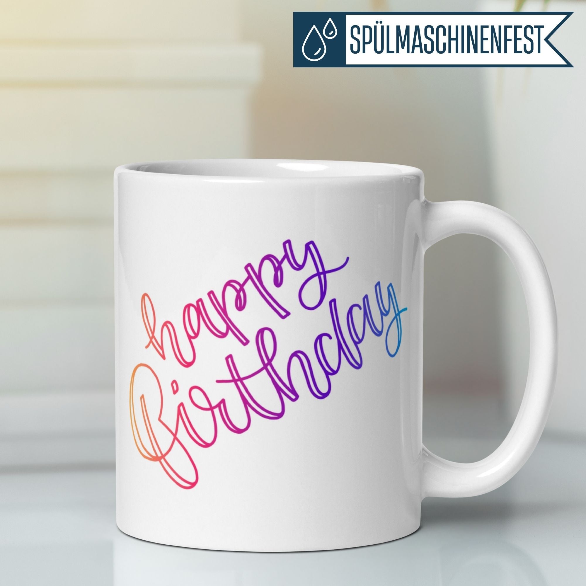 Momentals® Happy Birthday Tasse mit buntem Schriftzug und Farbverlauf für fröhliche Geburtstagsfeiern.
