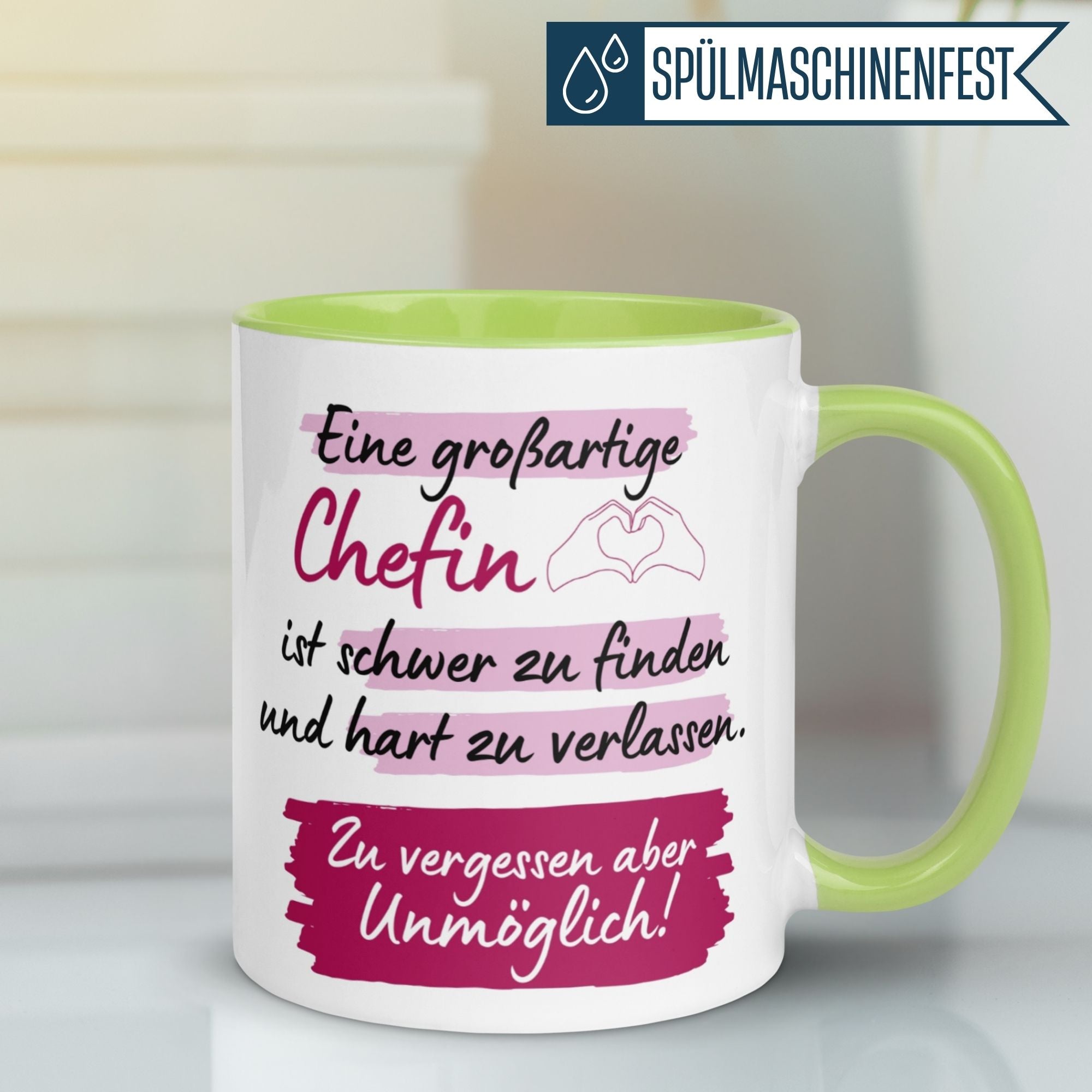 Momentals Tasse Chefin mit humorvollem Abschiedsspruch im Pink-Lila-Aquarell-Design, ein perfektes Geschenk!