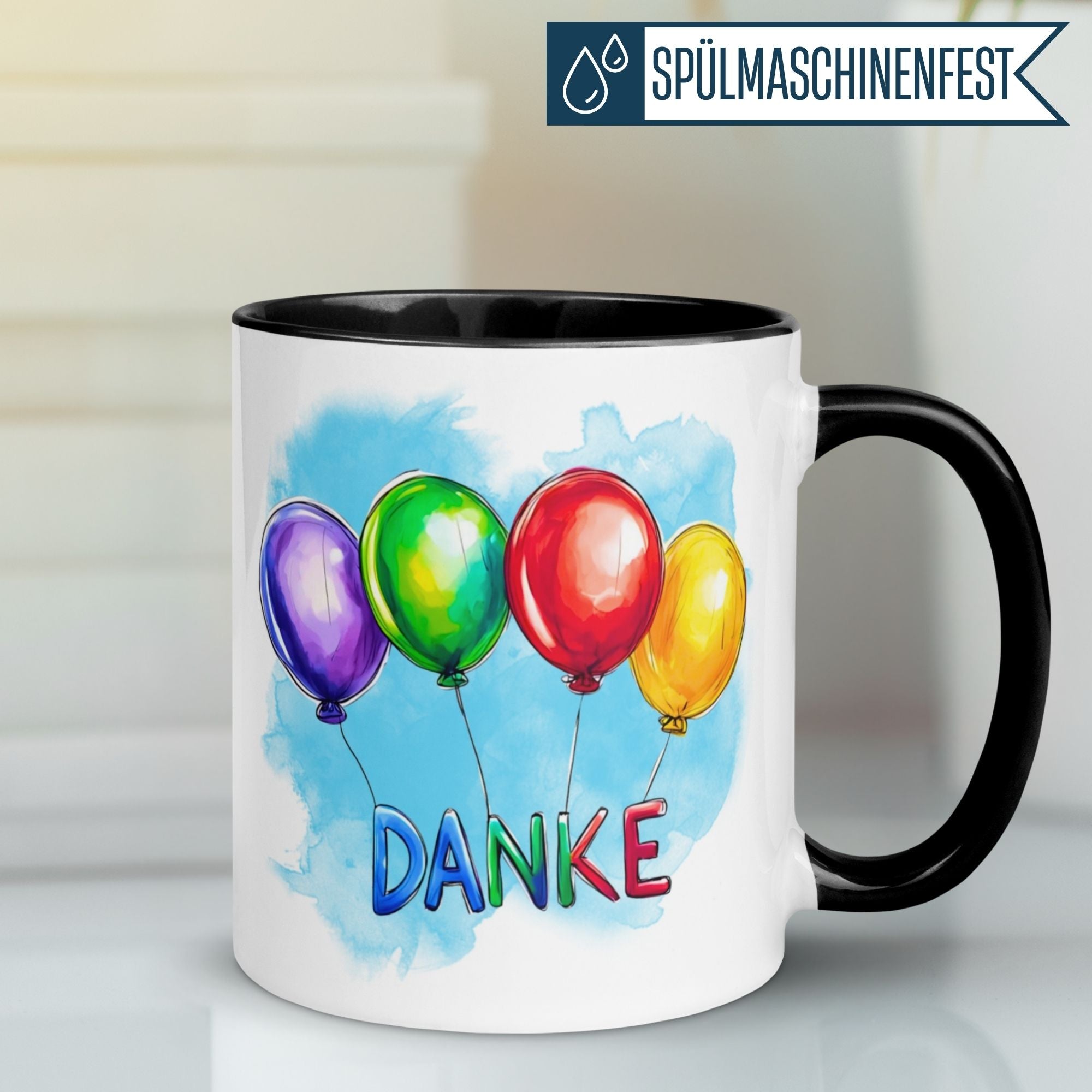 Momentals® Tasse mit bunten Ballons und dem Wort Danke für herzliche Wertschätzung.