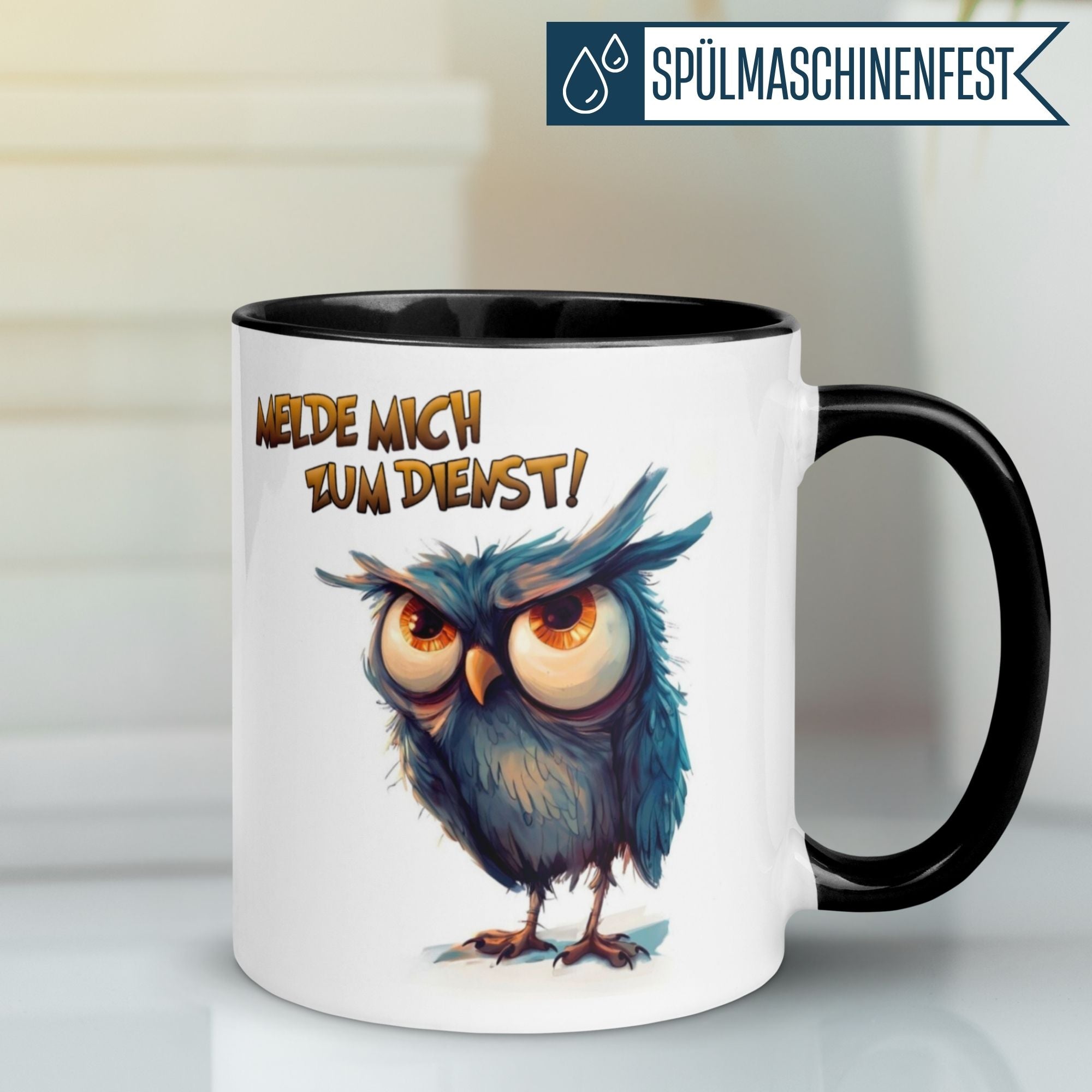 Tasse Eule – „Melde mich zum Dienst“ – lustiger Eulen Geschenk Becher für Morgenmuffel