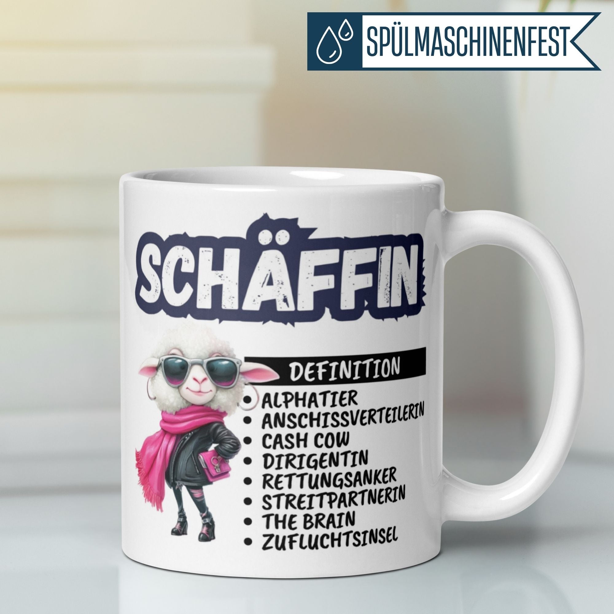 Momentals Tasse Chefin mit Schaf-Illustration und lustiger Definition für Abschiedsgeschenk