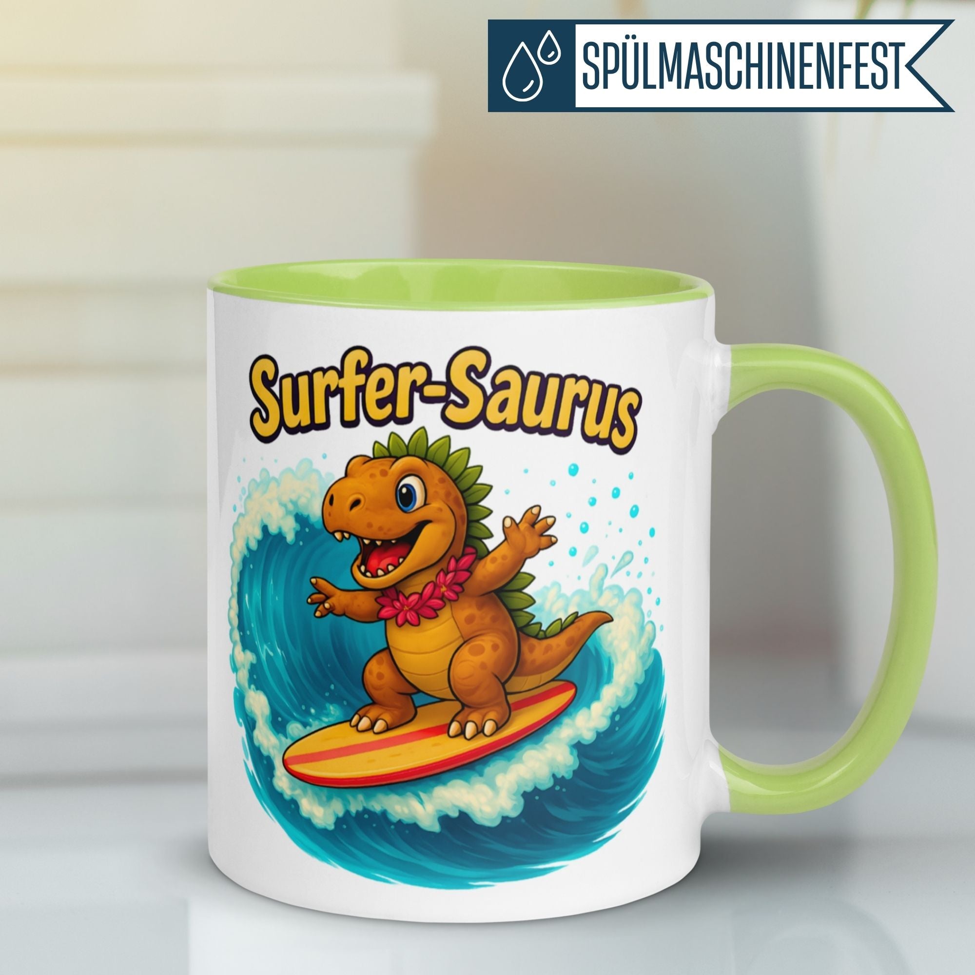 Tasse Dinosaurier – „Surfer Saurus“ – Dino Geschenk Becher für Surf Fans