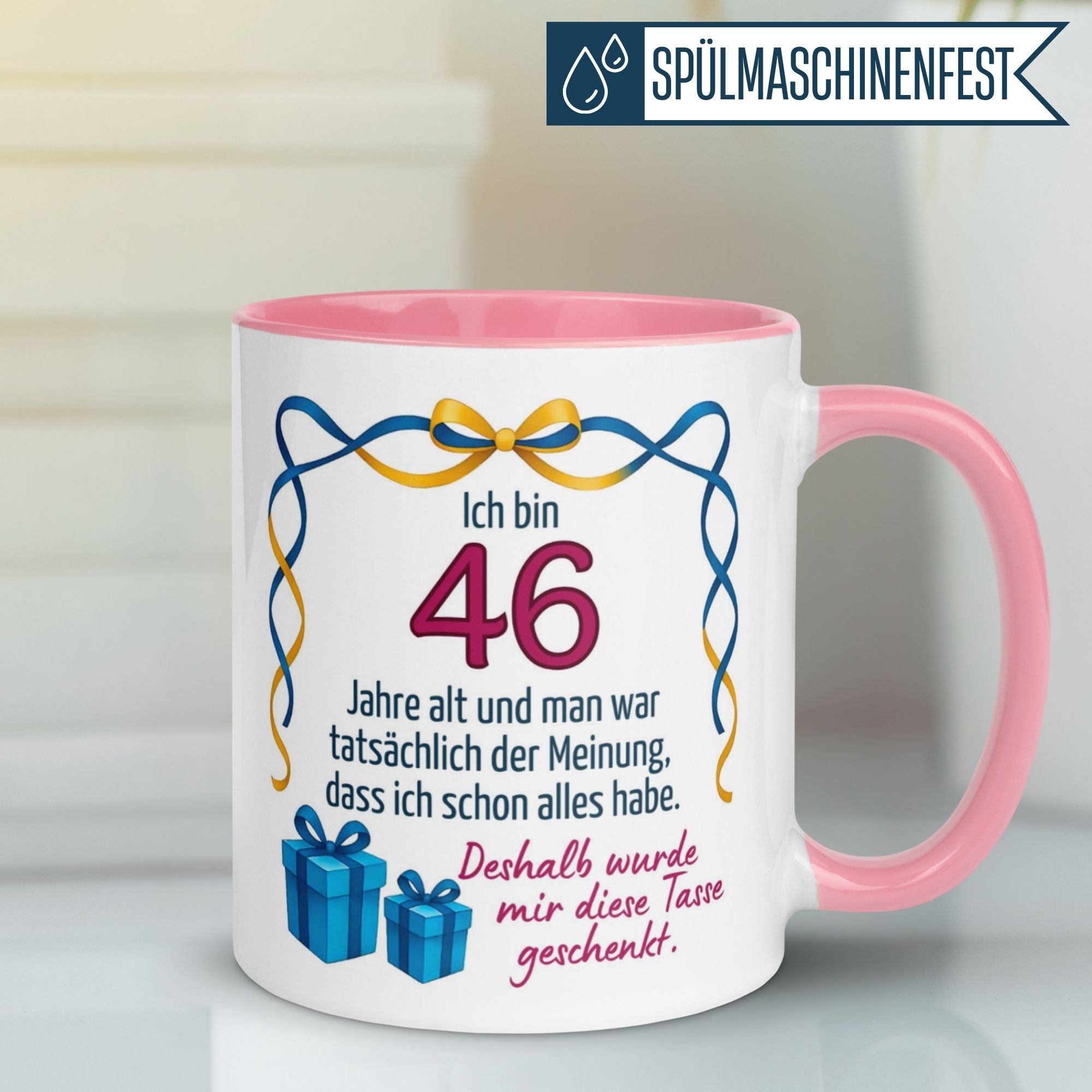 Momentals 46. Geburtstag Tasse mit witzigem Spruch und Geschenken, ideal für Geburtstagsgeschenke.