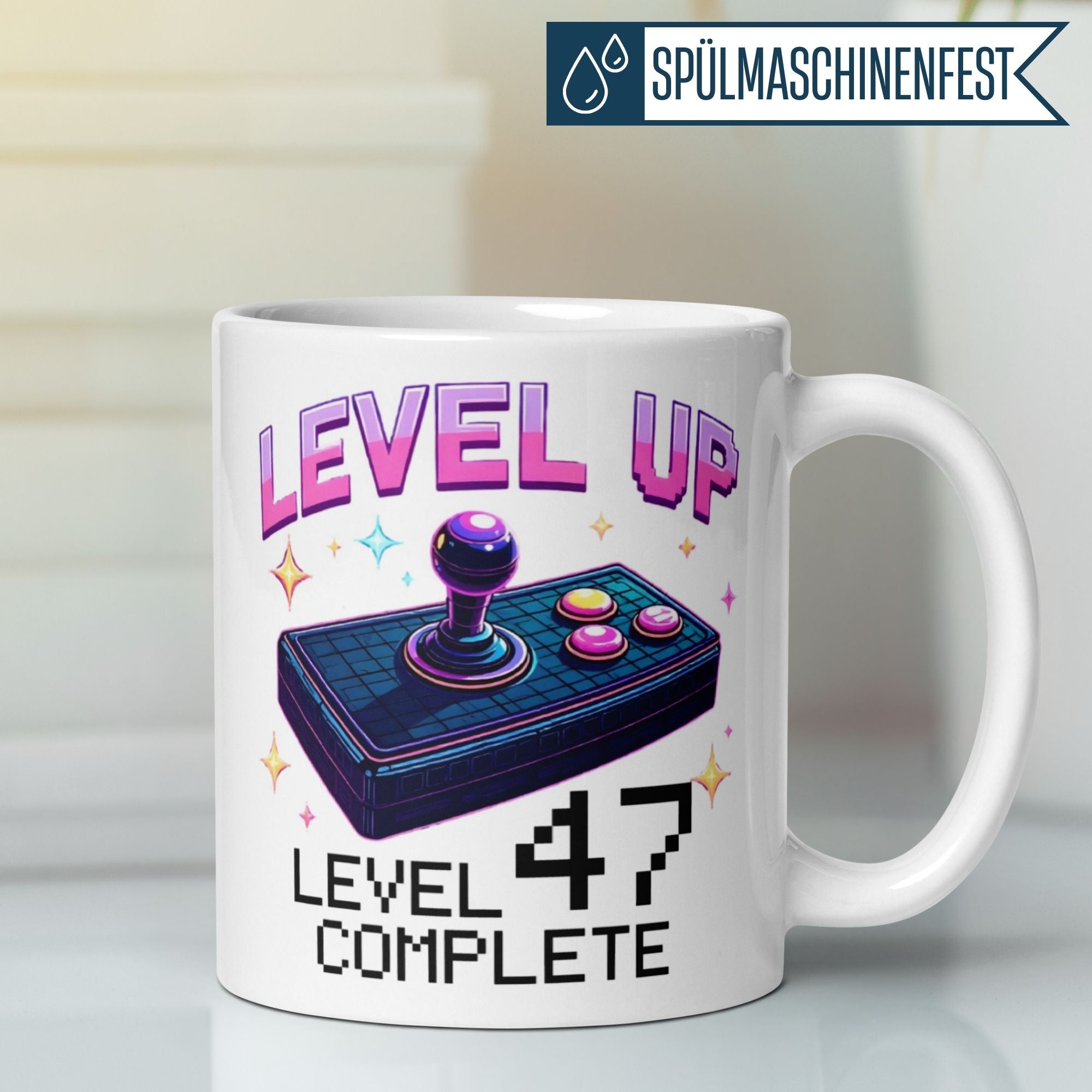 Stylish retro gaming mug celebrating 47th birthday with 'Level Up - Level 47 Complete' design.