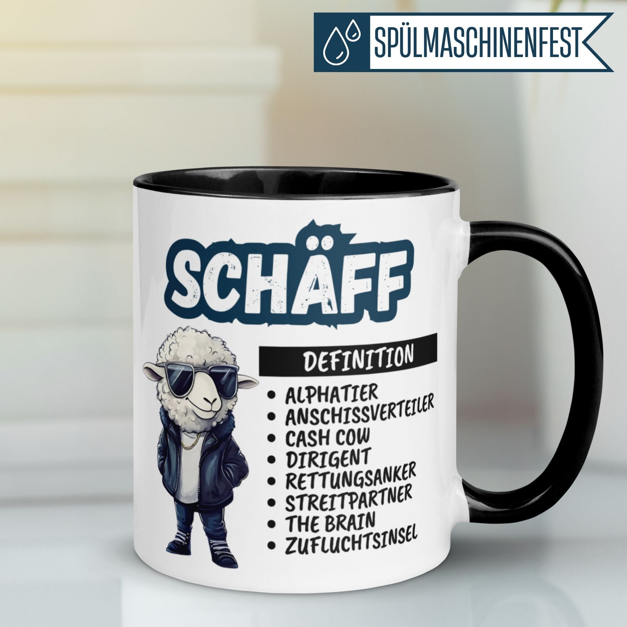 Momentals Chef mug with humorous sheep design and 'SCHÄFF - Definition' text, a perfect gift for leaders.