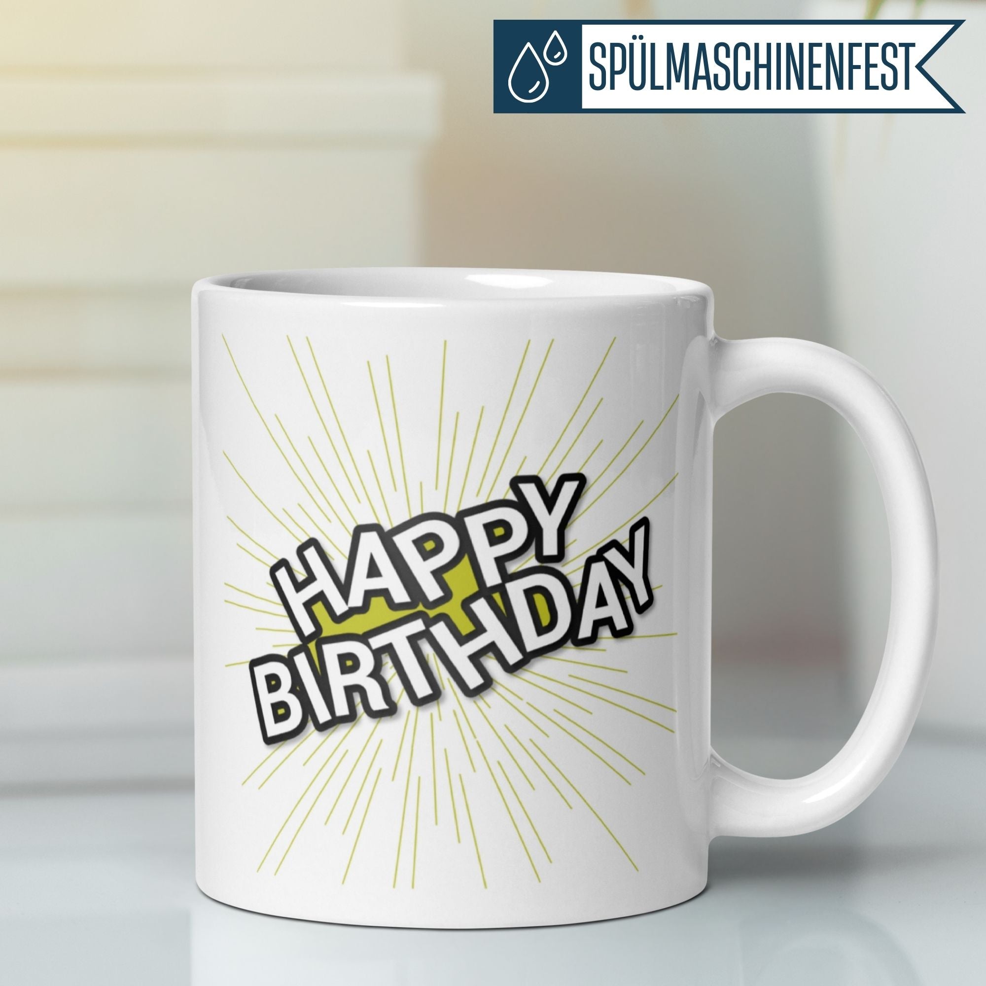 Momentals Tasse mit Aufschrift "Happy Birthday" und gelben Strahlen für unvergessliche Geburtstagsfeiern.