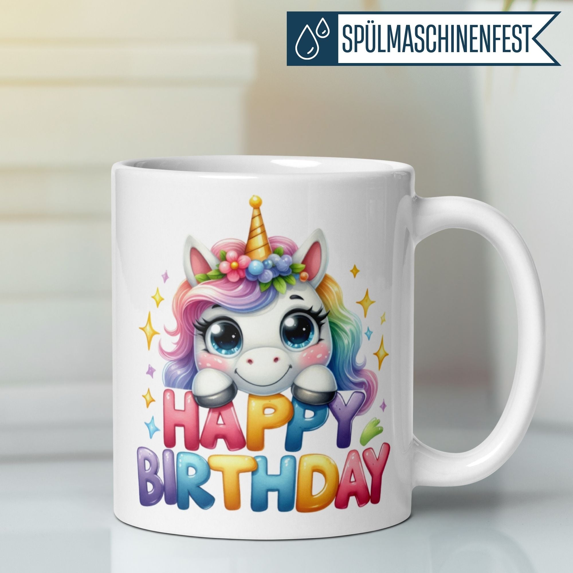 Colorful unicorn mug with 'Happy Birthday' for magical celebrations.