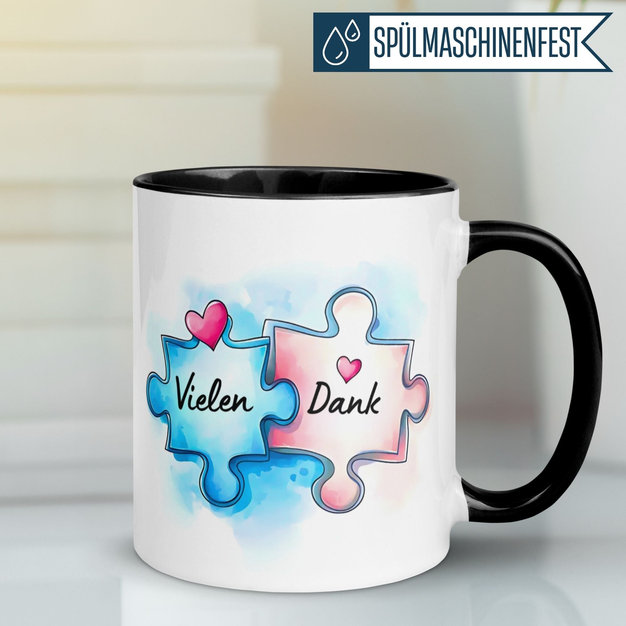 Momentals Tasse mit Puzzle-Design: "Vielen Dank" in Aquarell für Wertschätzung und Freude. Ideal für Kaffeepausen!