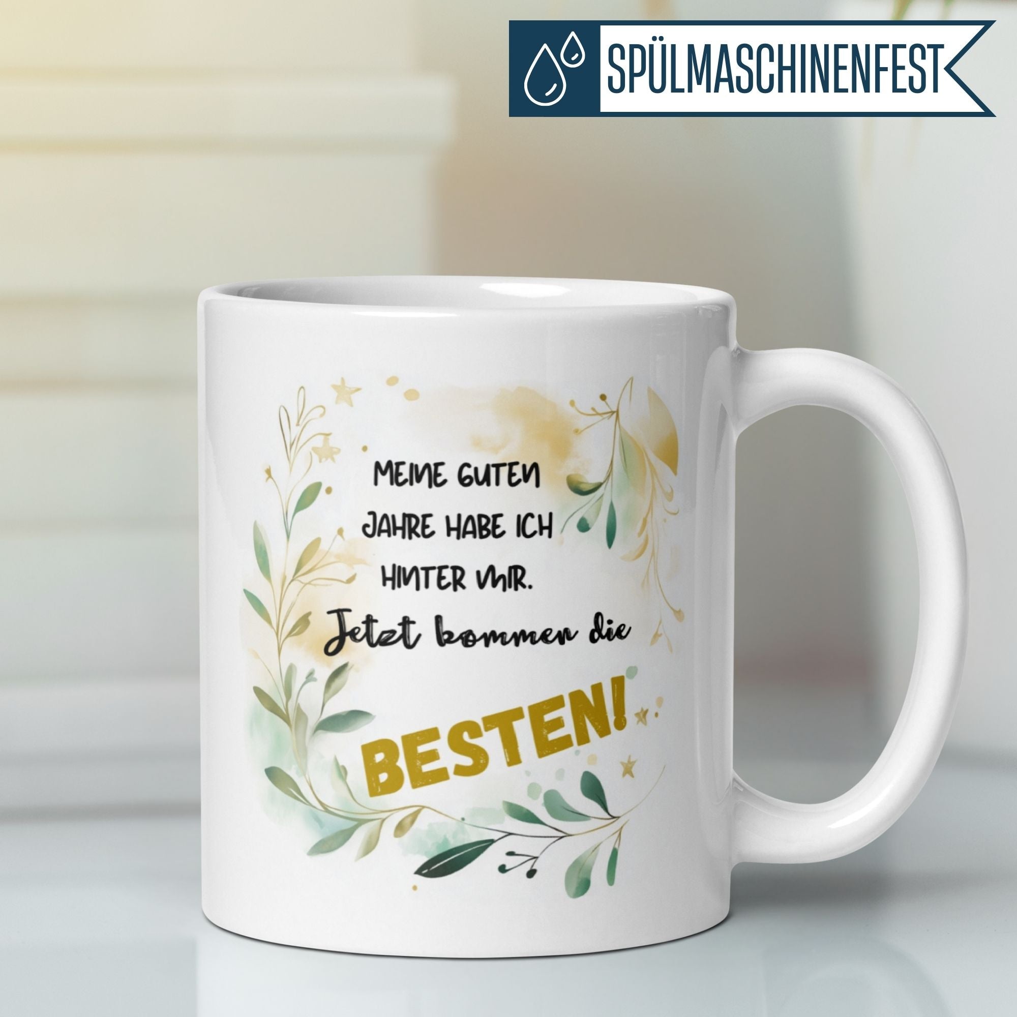 Charming momentals mug with inspiring quote about the best years ahead in soft green and gold tones.