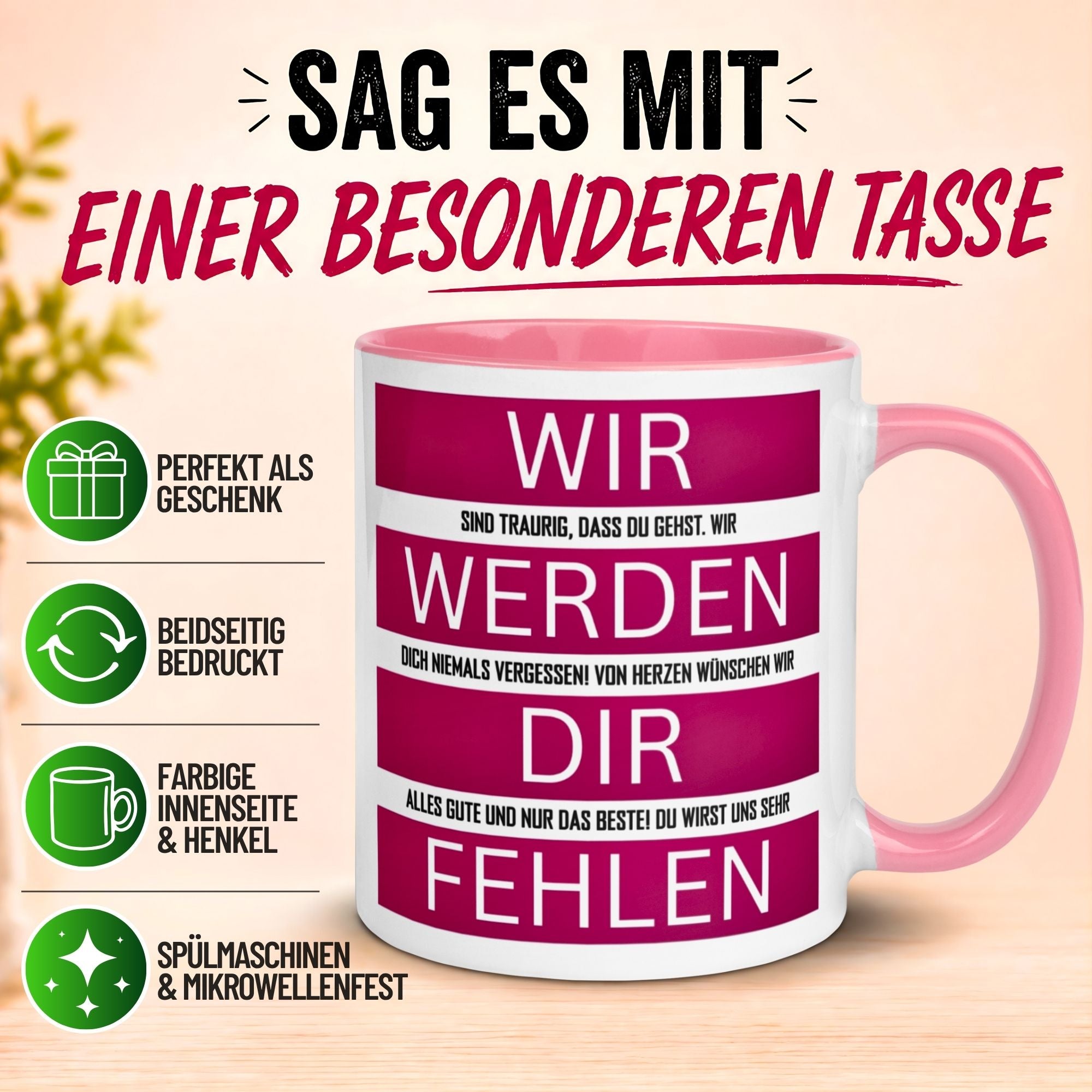 Tasse Abschied – „Wir werden dir fehlen“ – Abschiedsgeschenk Kollegin