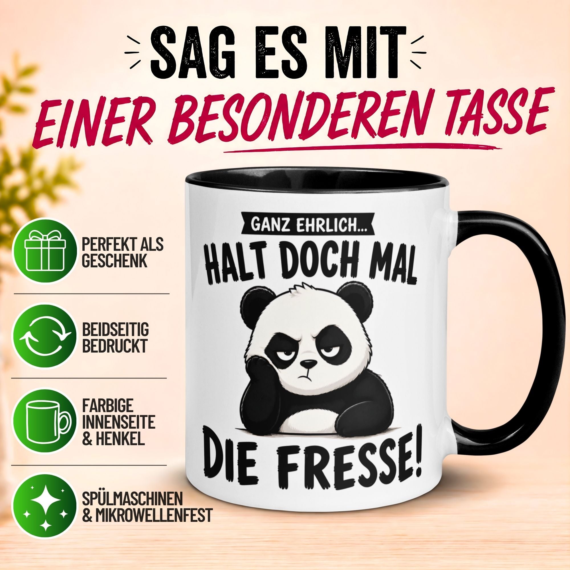 Tasse Panda – „Halt doch mal die Fresse“ – Lustiges Morgenmuffel Geschenk