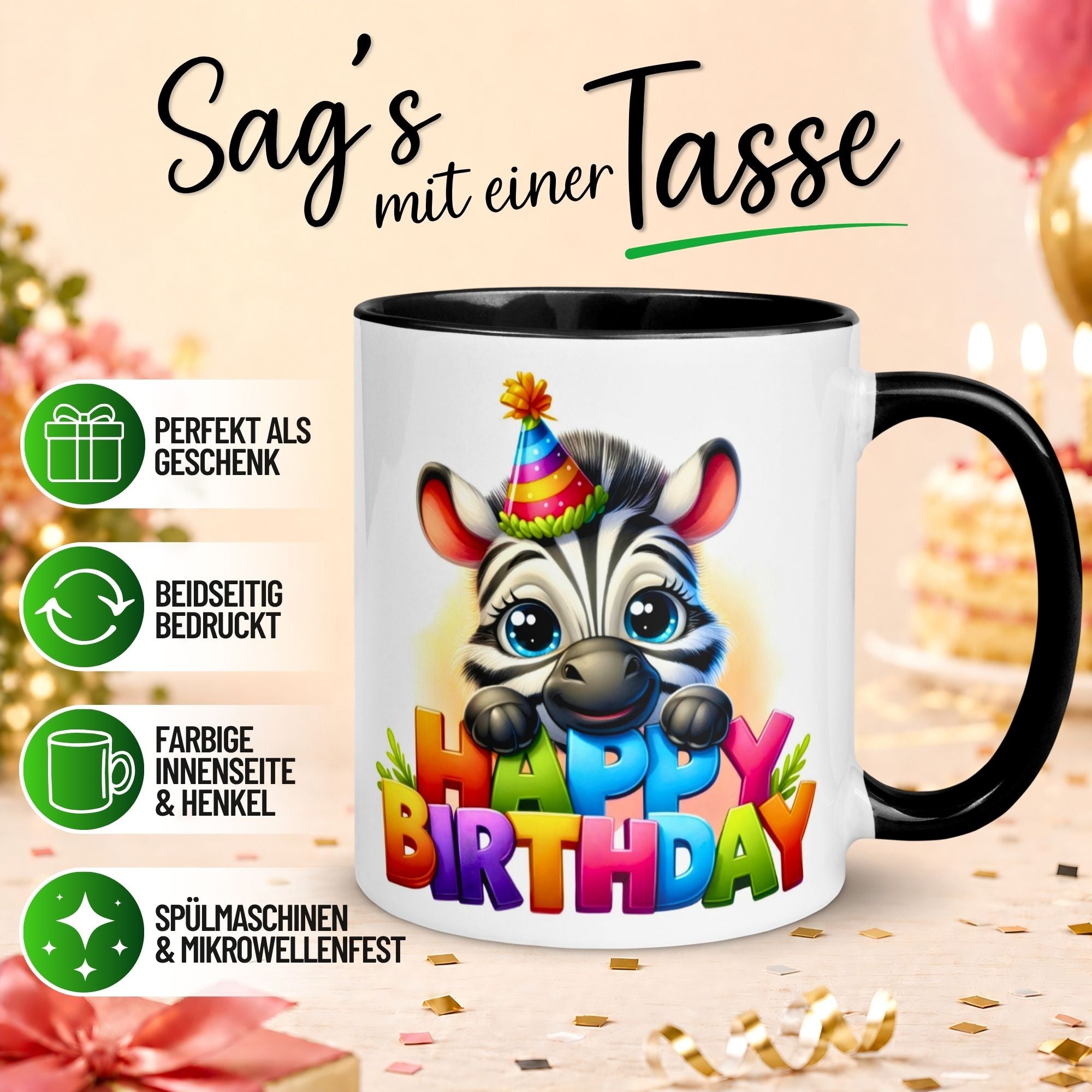 Tasse Geburtstag – „Happy Birthday Zebra“ – Geburtstagsgeschenk Junge Mädchen