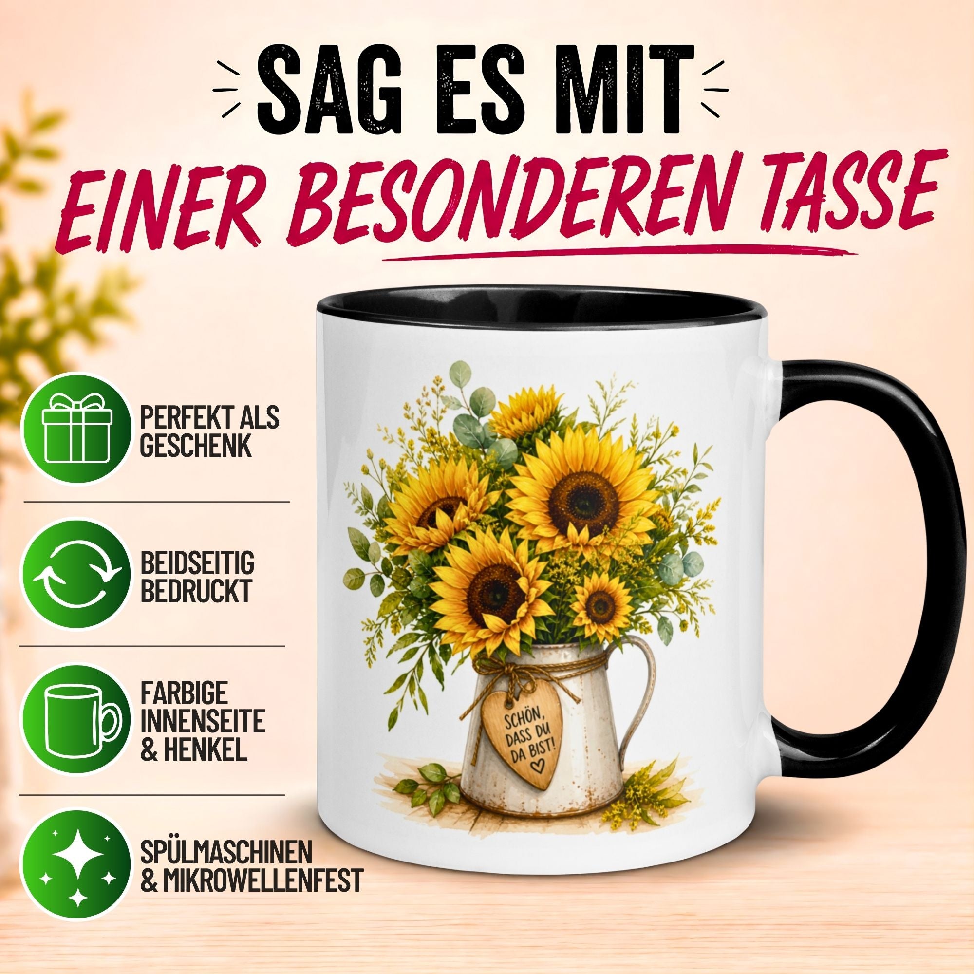 Tasse Danke – „Sonnenblumen - Schön dass du da bist“ – Dankeschön Geschenke