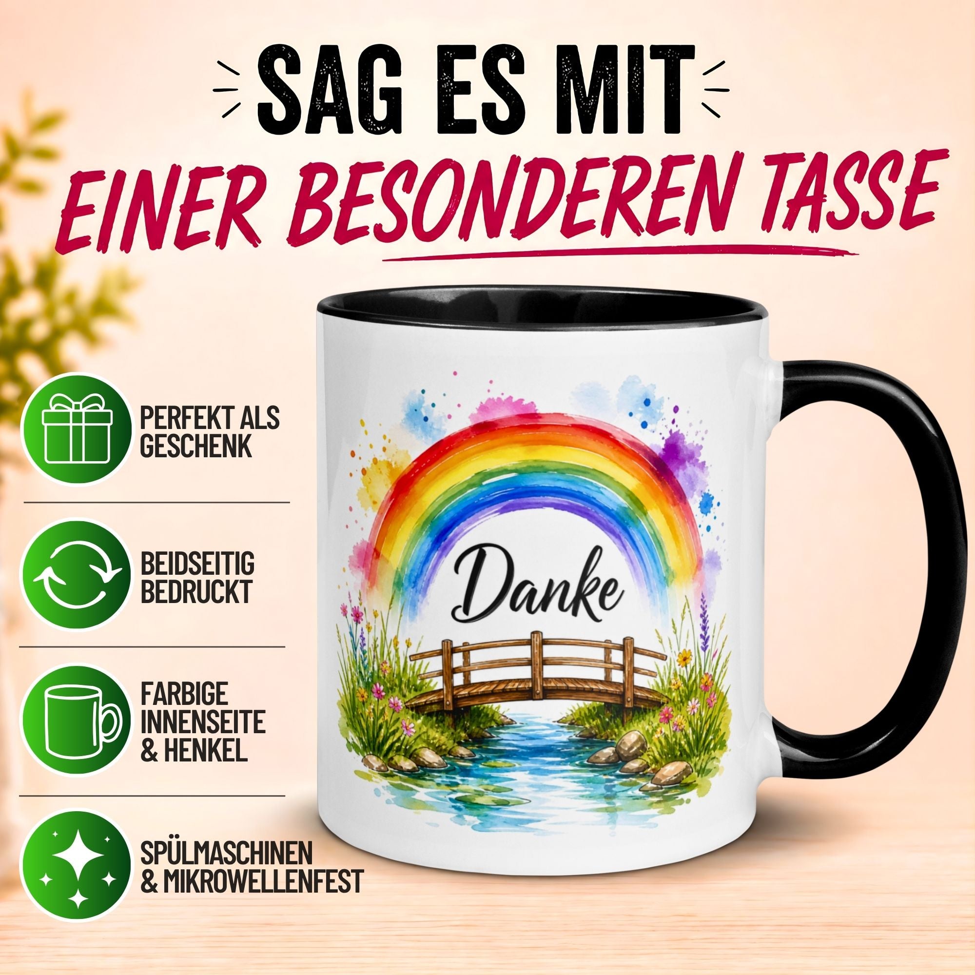 Tasse Danke – „Regenbogen Danke“ – Dankeschön Geschenke Becher