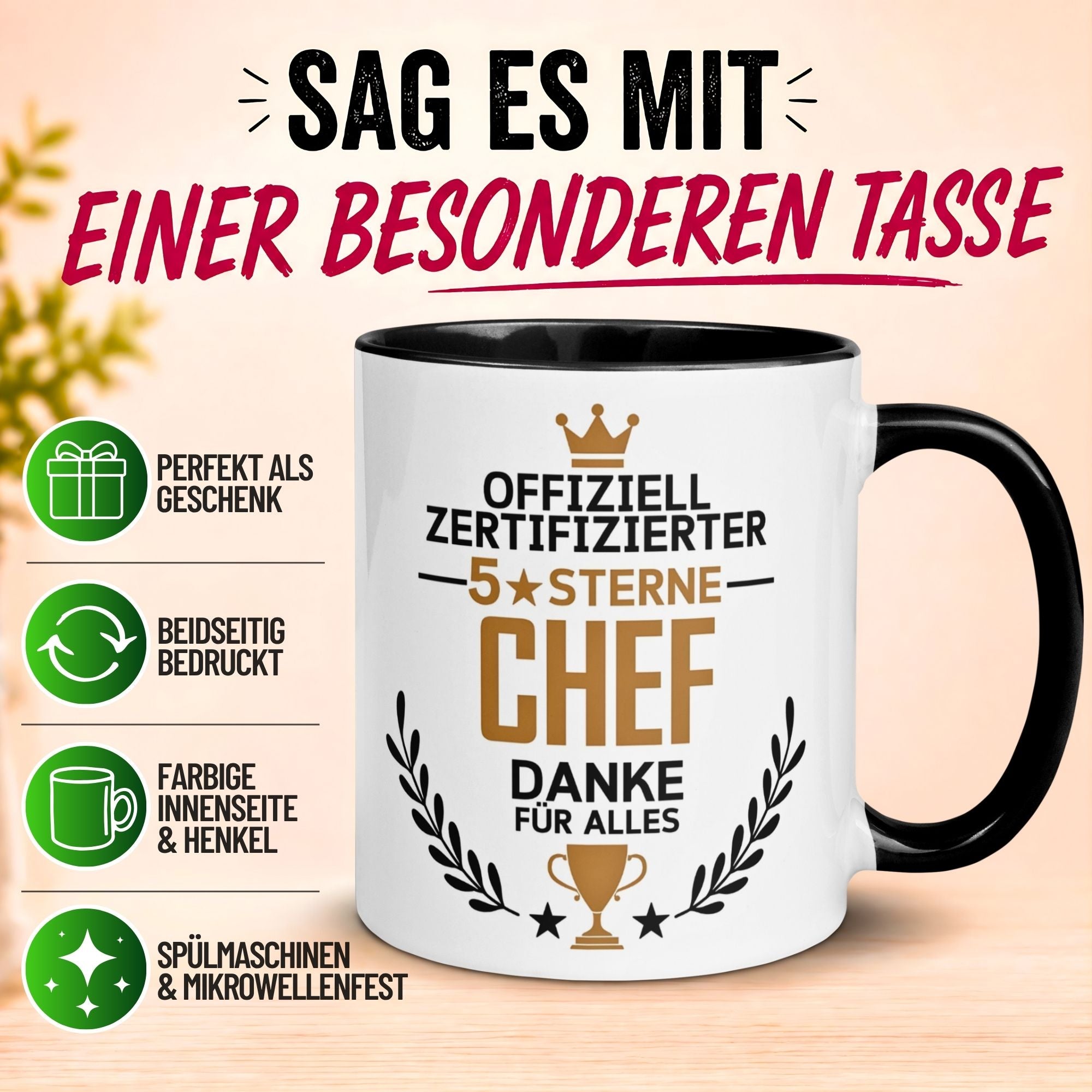 Tasse Chef – „Offiziell Zertifizierter 5 Sterne Chef - Danke für alles“ – Geschenk Becher