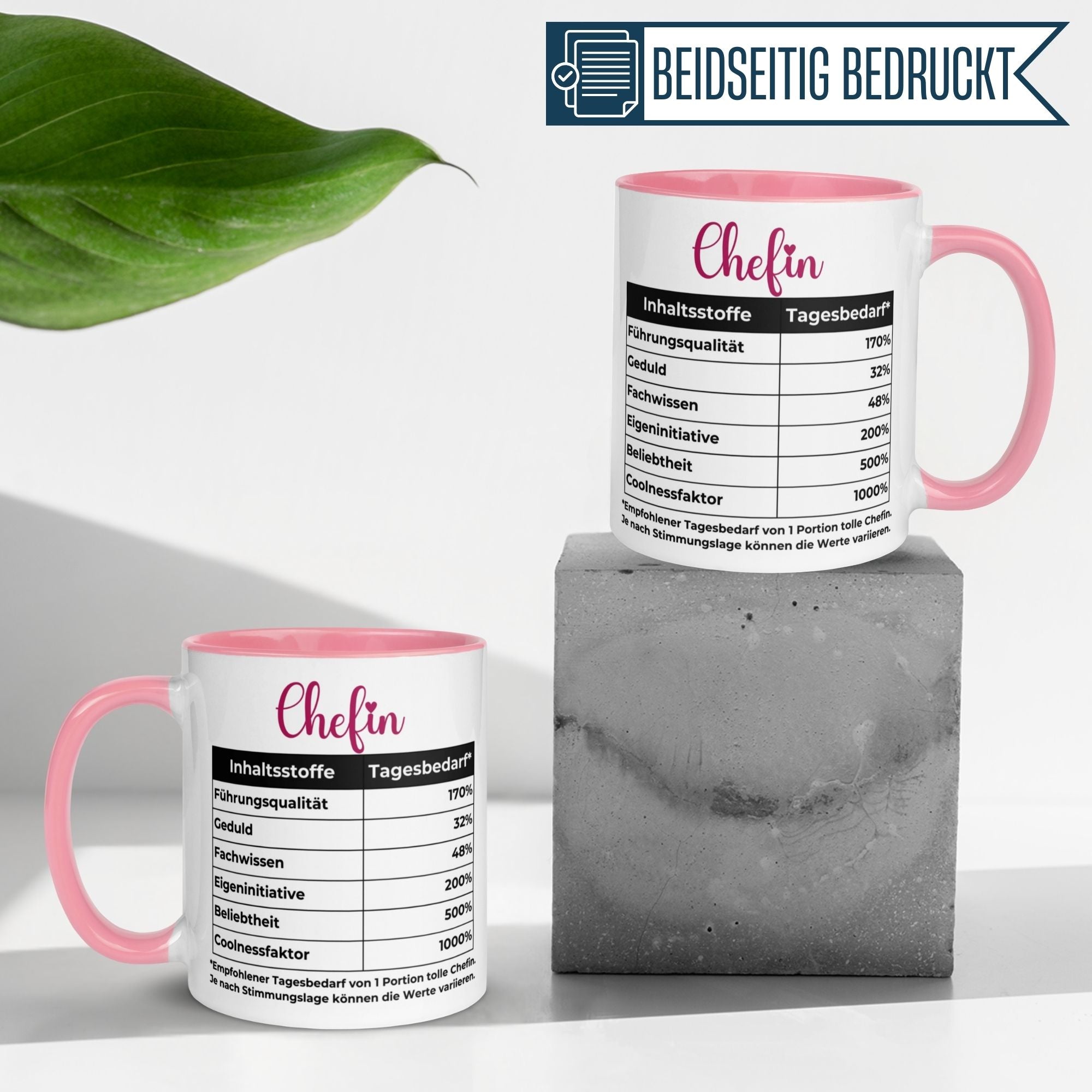 Momentals Tasse Chefin mit Nährwerttabelle Motiv, perfekt für einen humorvollen Abschied.
