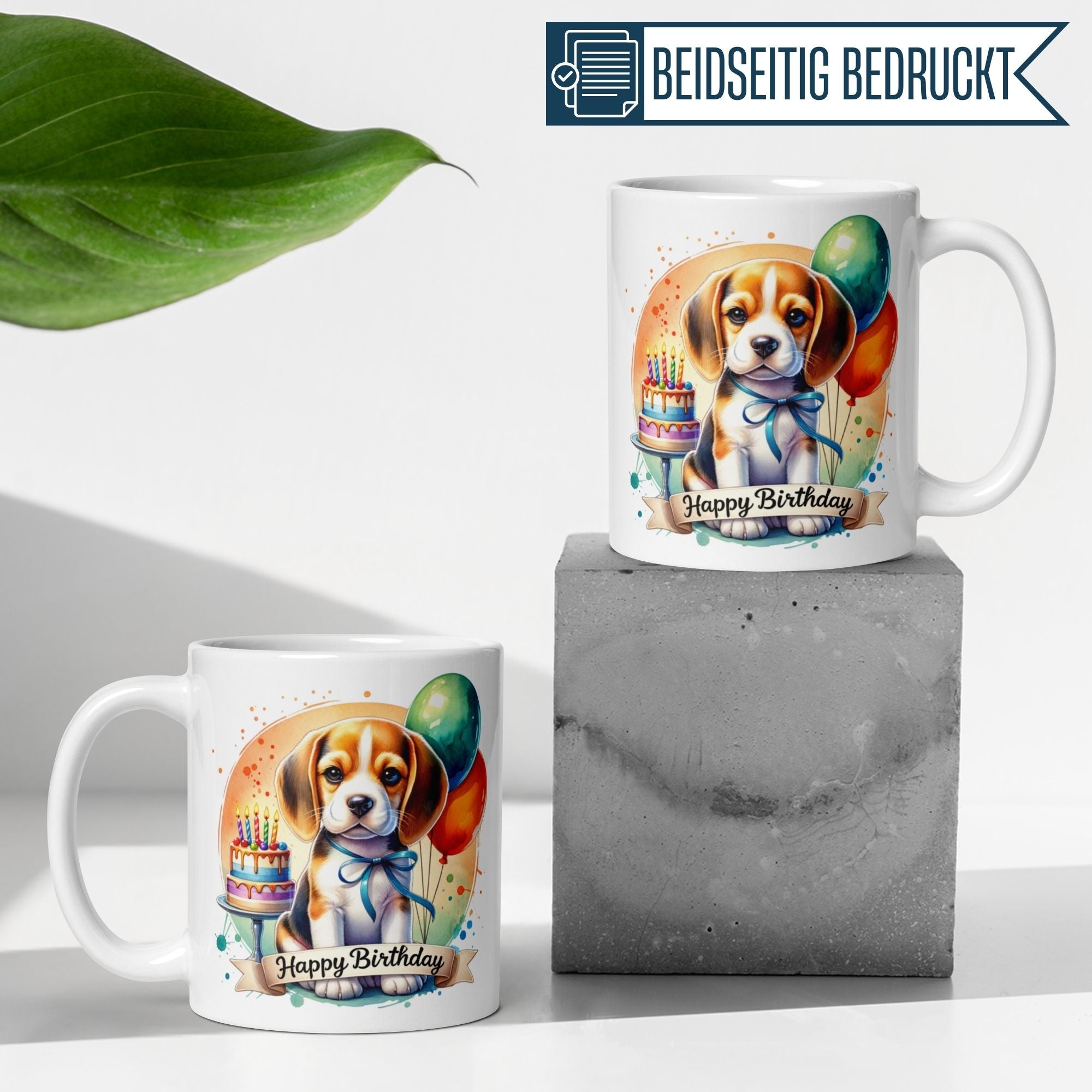 Colorful birthday mug featuring a Beagle with balloons and cake, perfect gift for celebration.