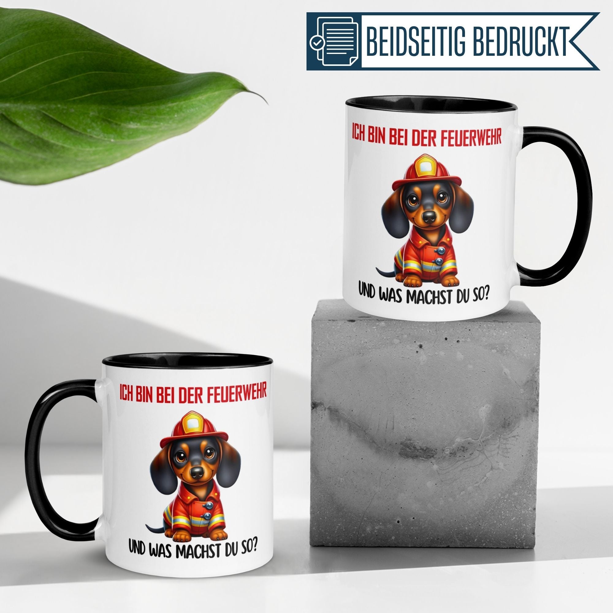 Momentals Tasse Dackel Feuerwehr mit Spruch für Hundeliebhaber und Feuerwehr-Fans, beidseitig bedruckt.