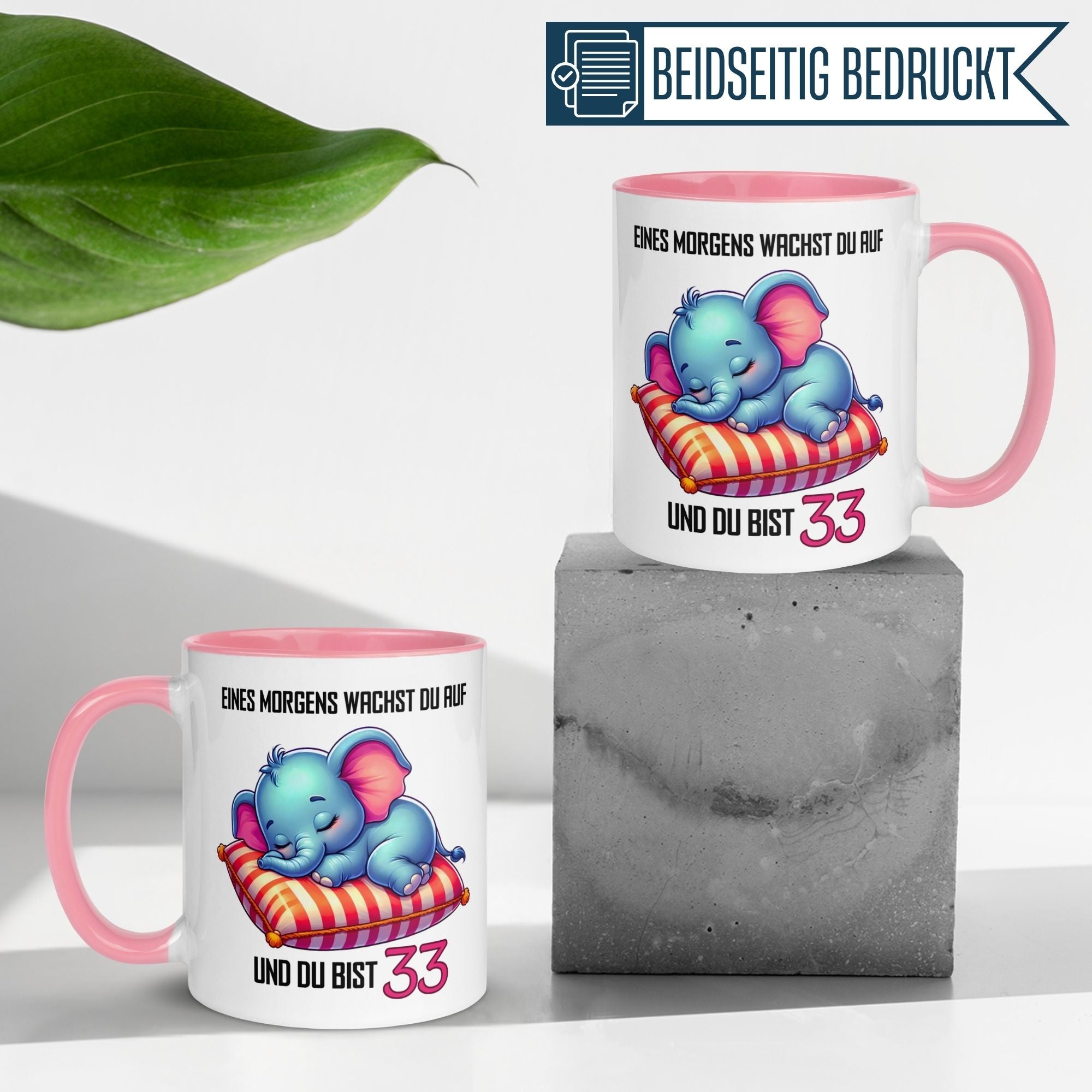 Momentals® Tasse zum 33. Geburtstag mit süßem Elefanten und fröhlichem Spruch, ideal für Geburtstagsfreuden.
