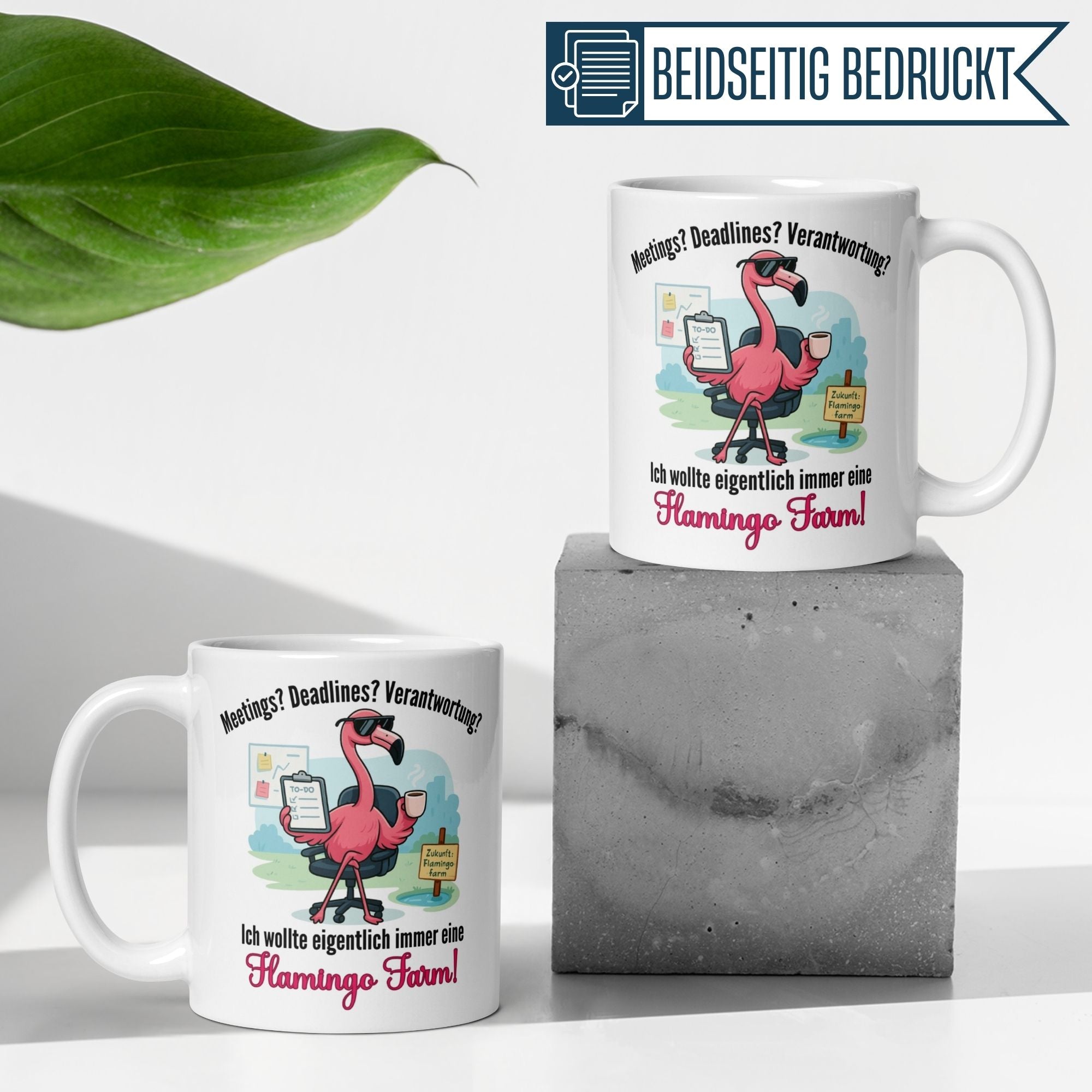 Momentals Tasse für Morgenmuffel mit Flamingo-Motiv und lustigem Spruch, ideal für den Morgenkaffee.