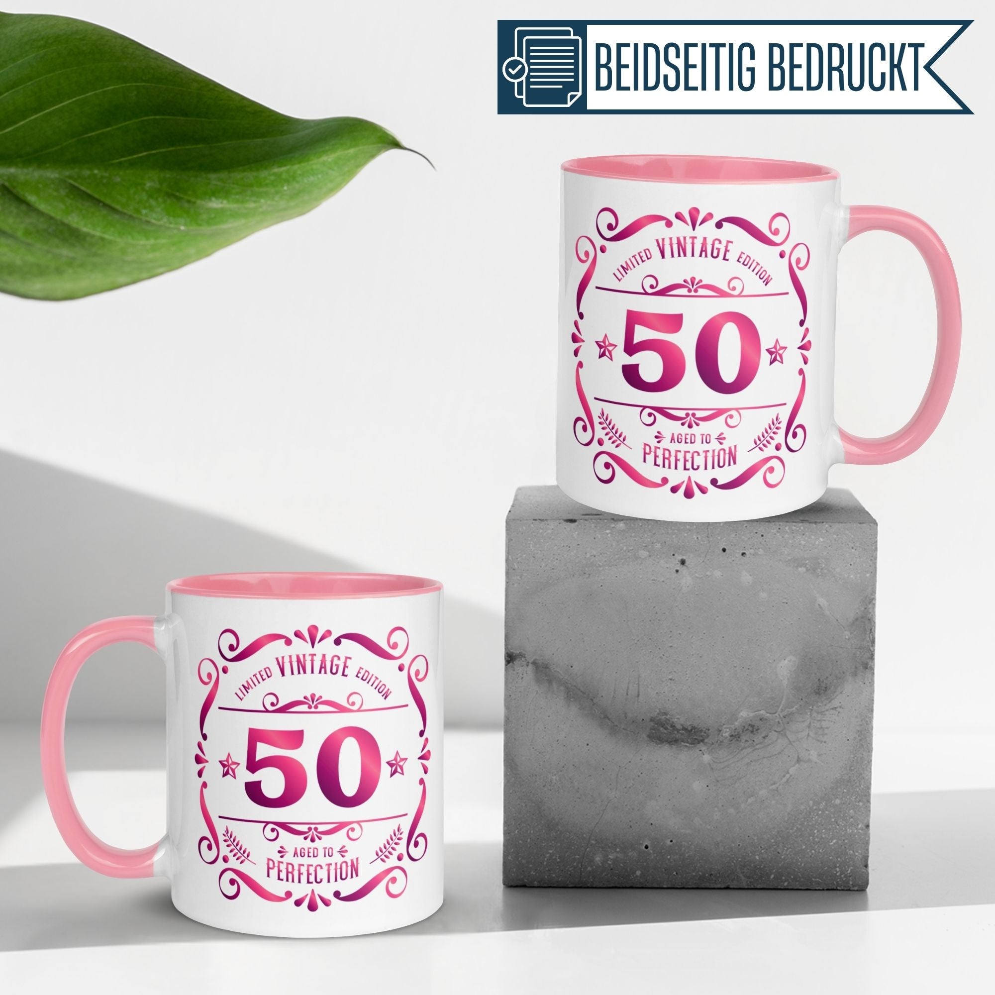 Momentals® 50th birthday mug with vintage design and 'Aged to perfection' slogan, perfect gift for women.