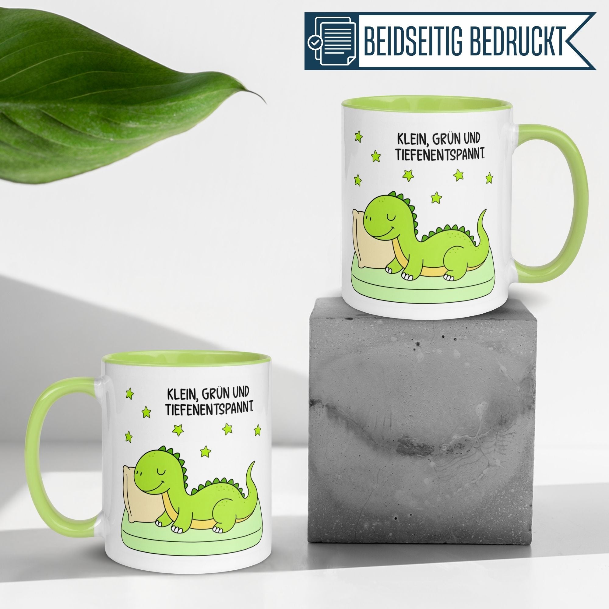 Tasse Dinosaurier – „Klein, grün und tiefenentspannt“ – Dino Geschenk Becher