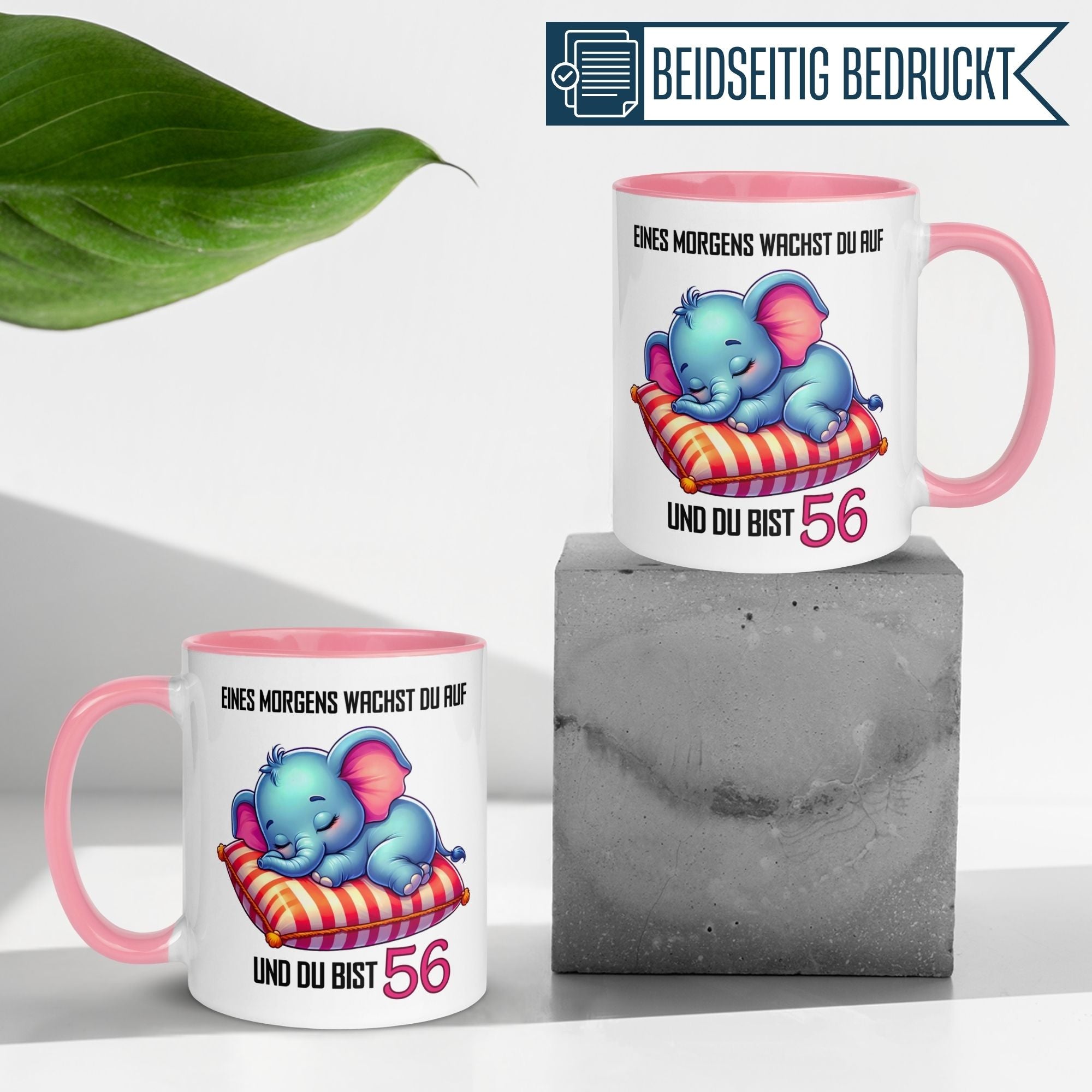 Momentals® 56. Geburtstagstasse mit schlafendem Elefanten und fröhlichem Spruch für Frauen.