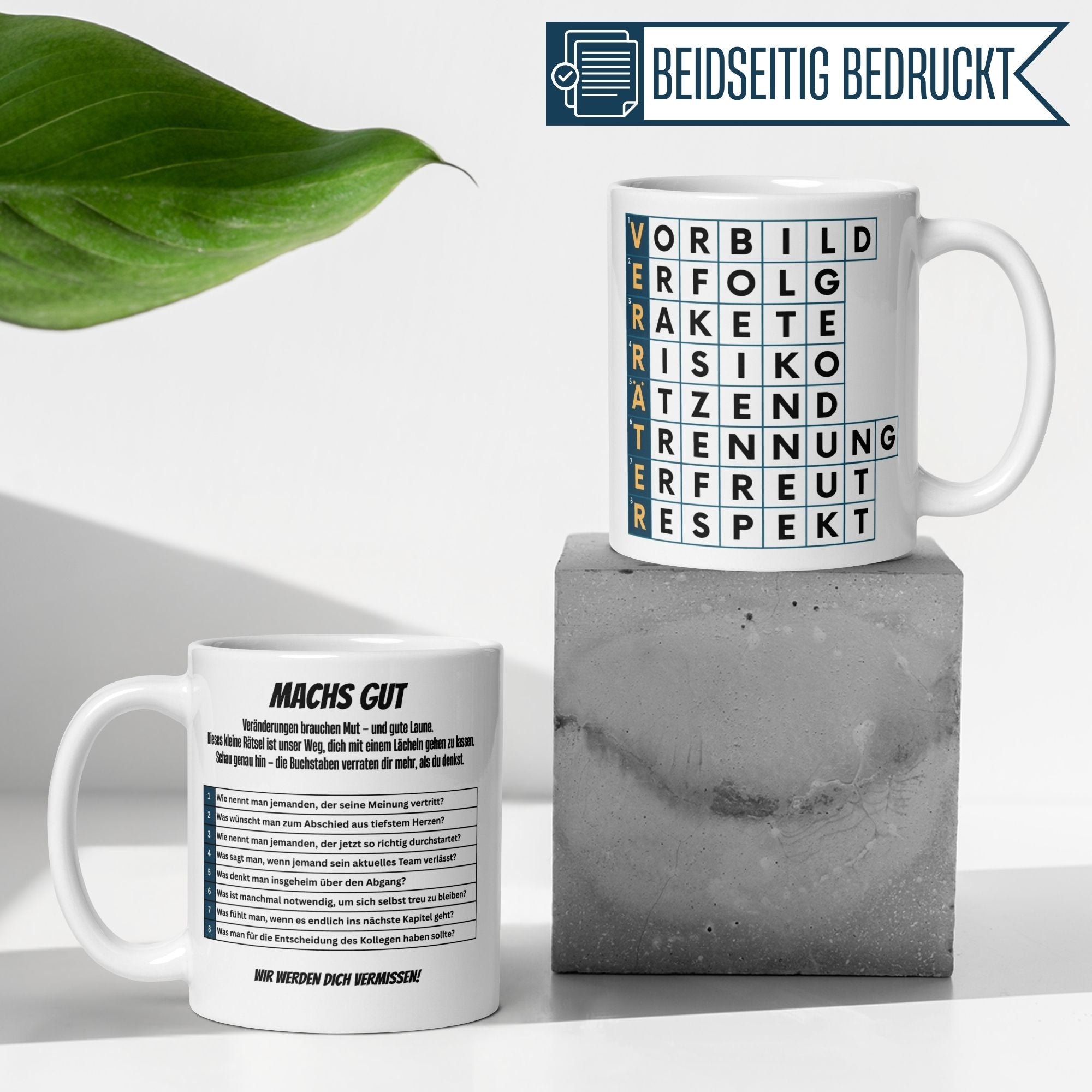 Momentals® Tasse Abschied | Beidseitiges Motiv & Spruch | Verräter mit Kreuzworträtsel • Momentals