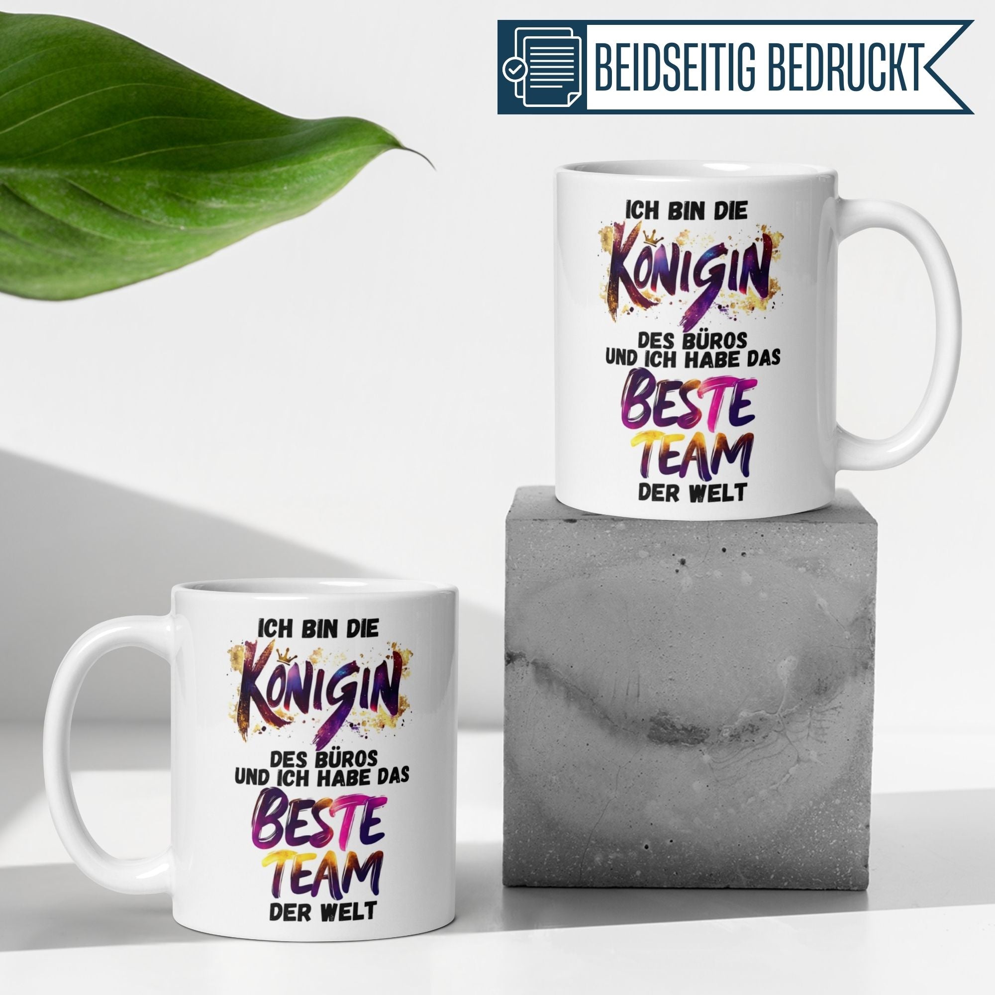 Momentals Tasse Chefin, beidseitig bedruckt, mit Spruch "Ich bin die Königin des Büros" für Abschiedsgeschenk.