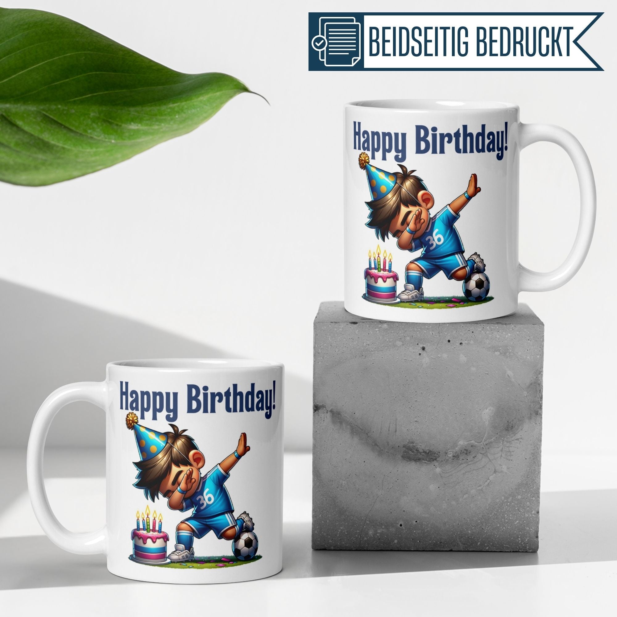 Happy Birthday mug featuring a footballer in a party hat celebrating with a cake and dabbing move.
