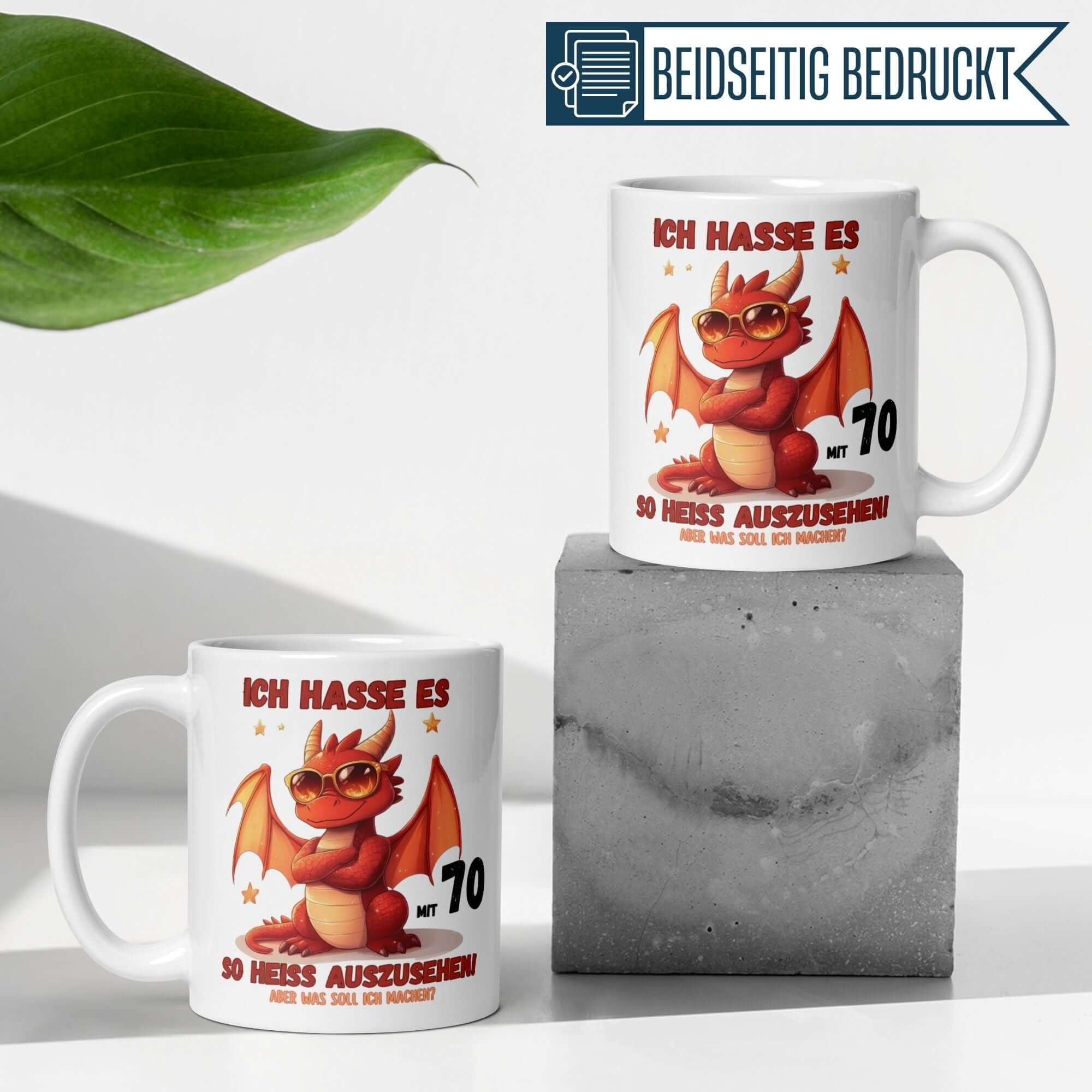 Momentals® Tasse zum 70. Geburtstag mit Drache und frechem Spruch "Ich hasse es, so heiß auszusehen".