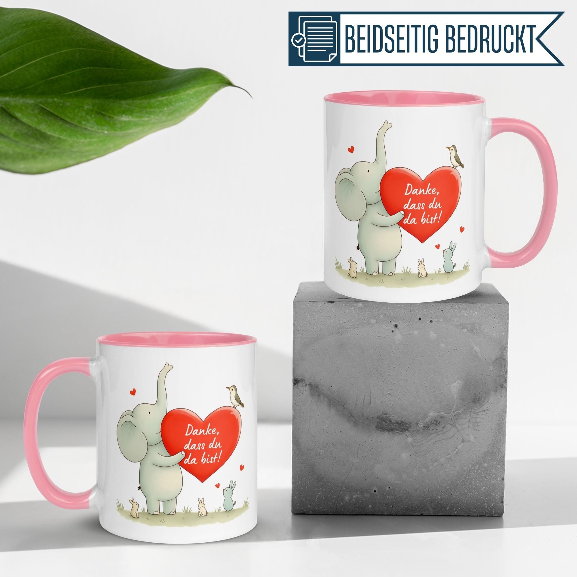 Momentals® Tasse mit Elefant, Herz und Dankesbotschaft für Wertschätzung bei Kaffeepausen.