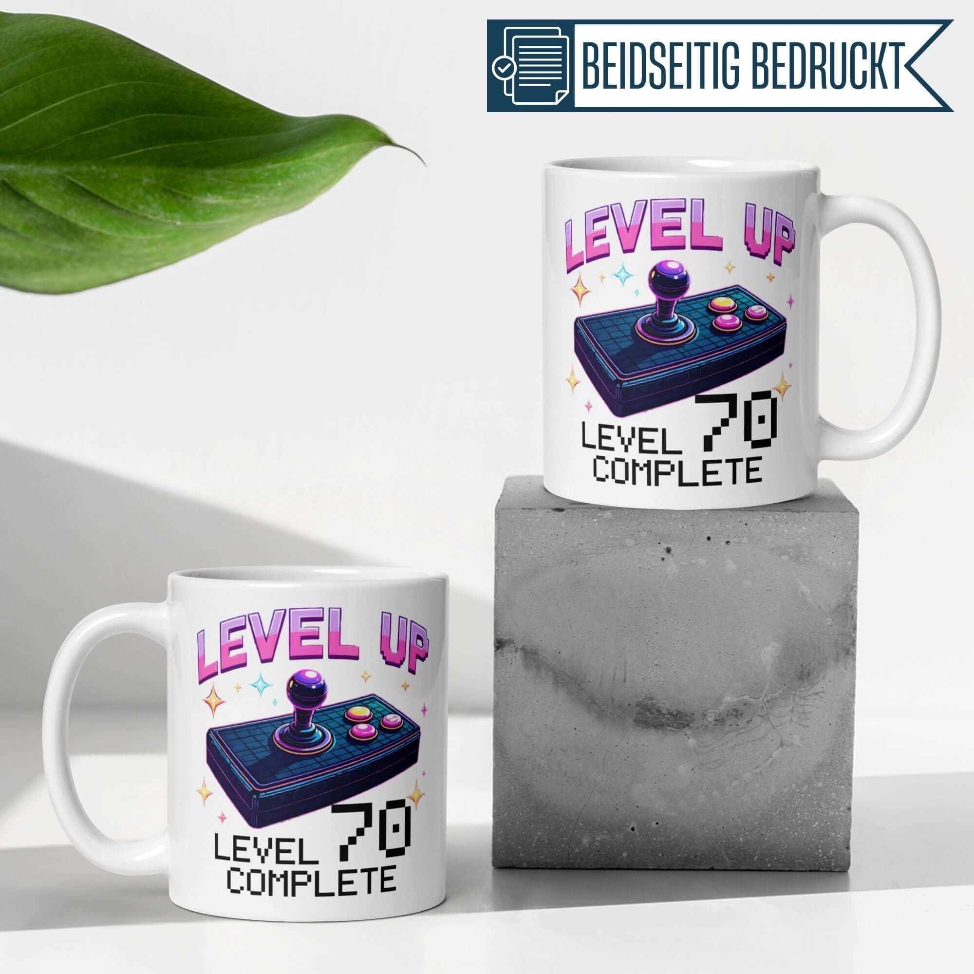 Momentals® mug celebrating level 70 completion, perfect for gamers' birthdays.