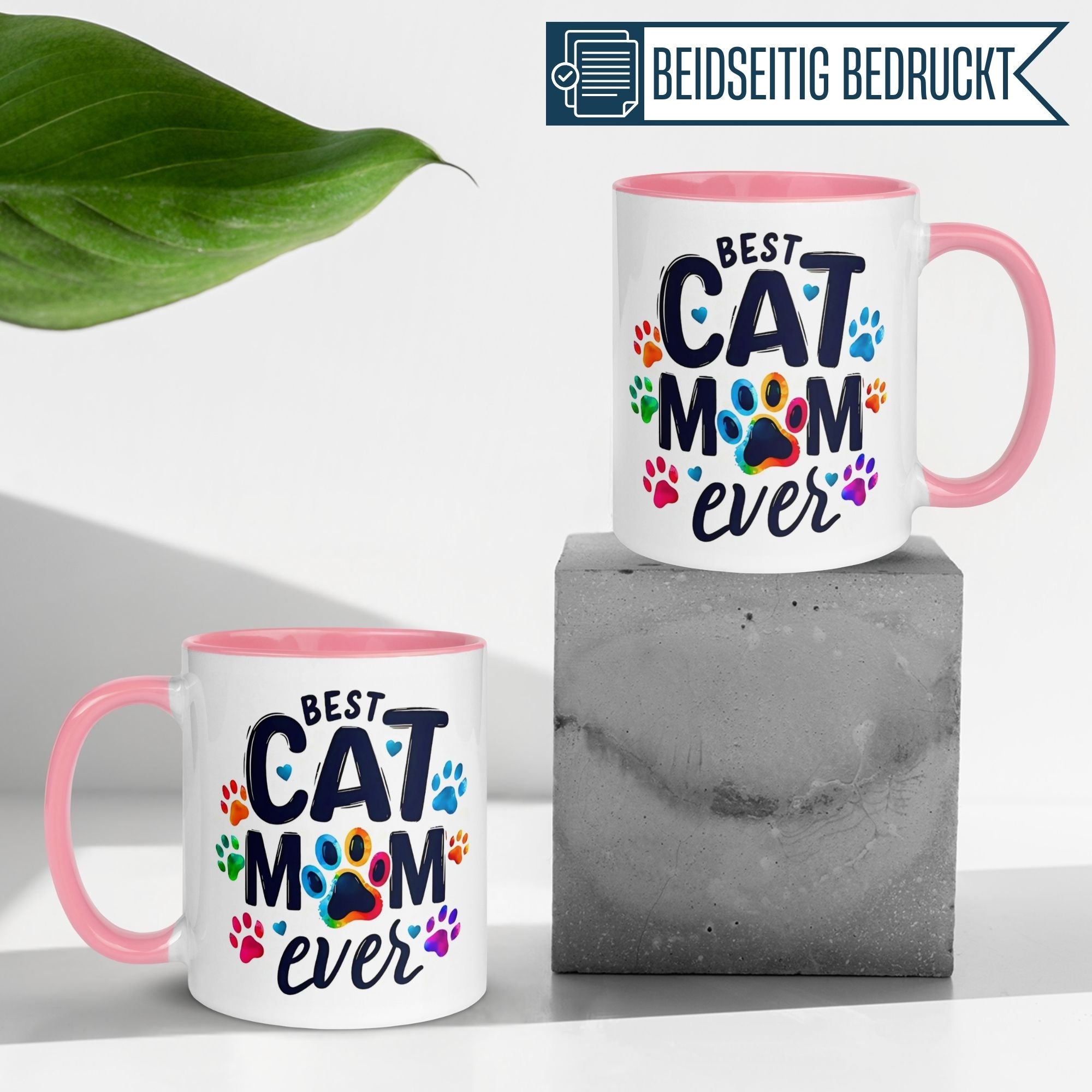 Bunte Katze Tasse "Best Cat Mom ever" mit Pfotenabdrücken, ideal für Katzenliebhaber.