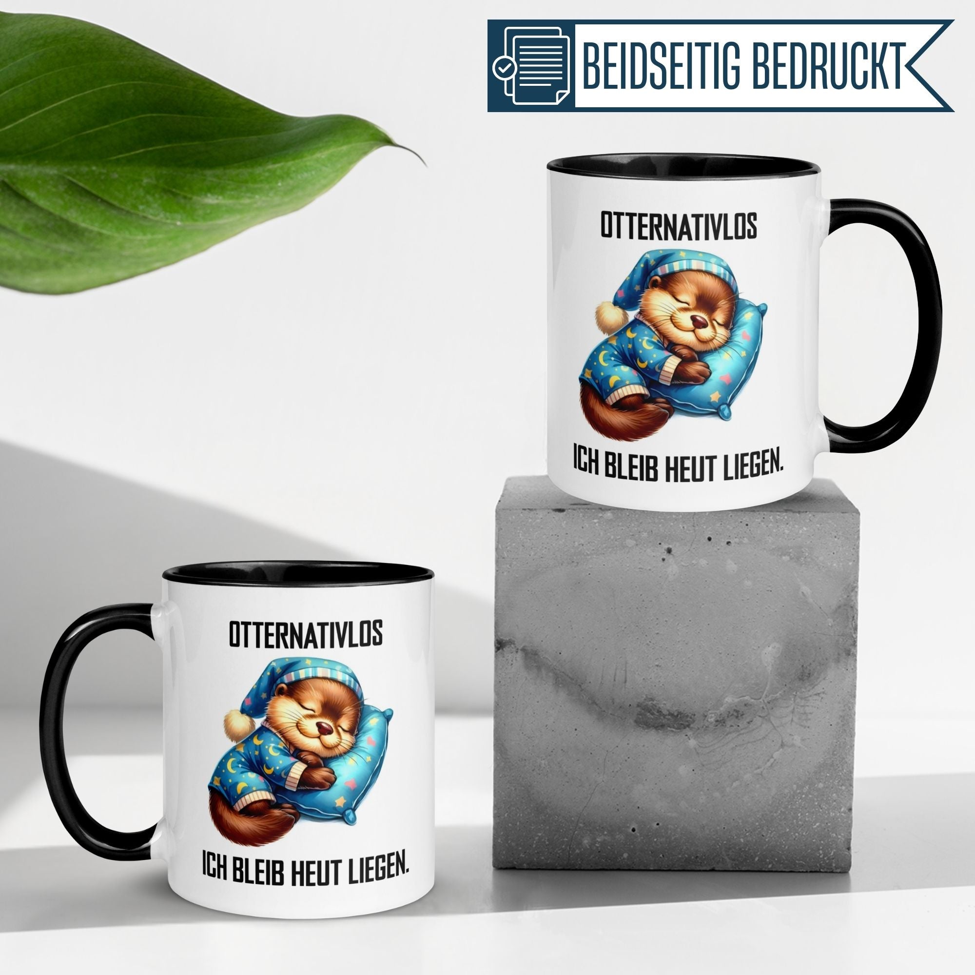 Momentals Tasse mit Otter-Motiv und Spruch "Ich bleib heut liegen" für Morgenmuffel.
