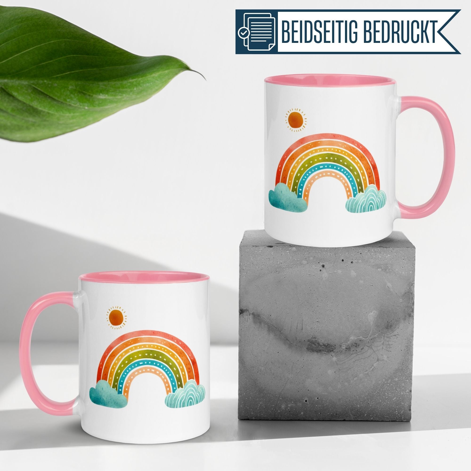 Vibrant Momentals® taza con arcoíris y ilustraciones, perfecta para un inicio alegre del día.