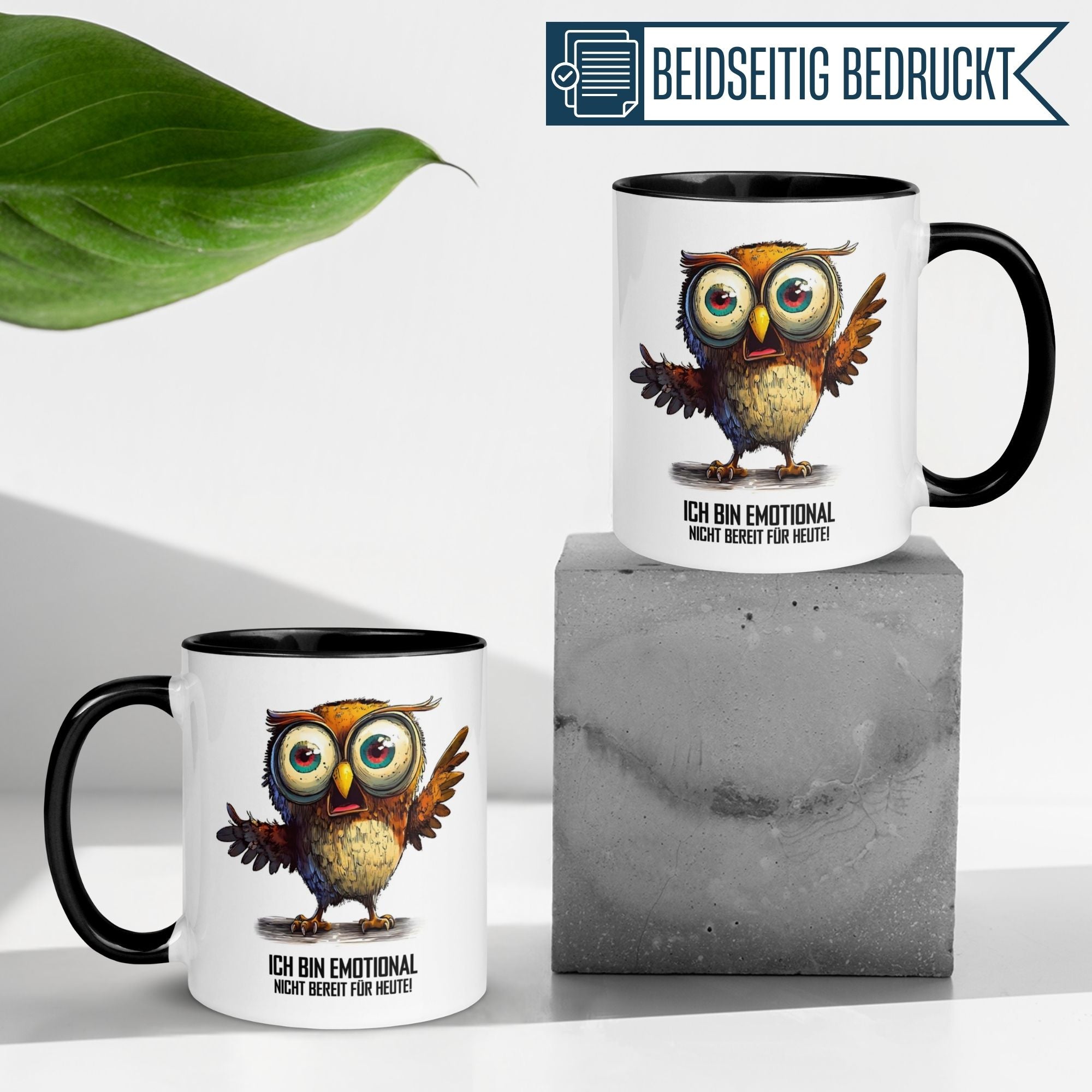 Momentals® Tasse mit Eulenmotiv und Spruch für Morgenmuffel, emotional nicht bereit für heute.