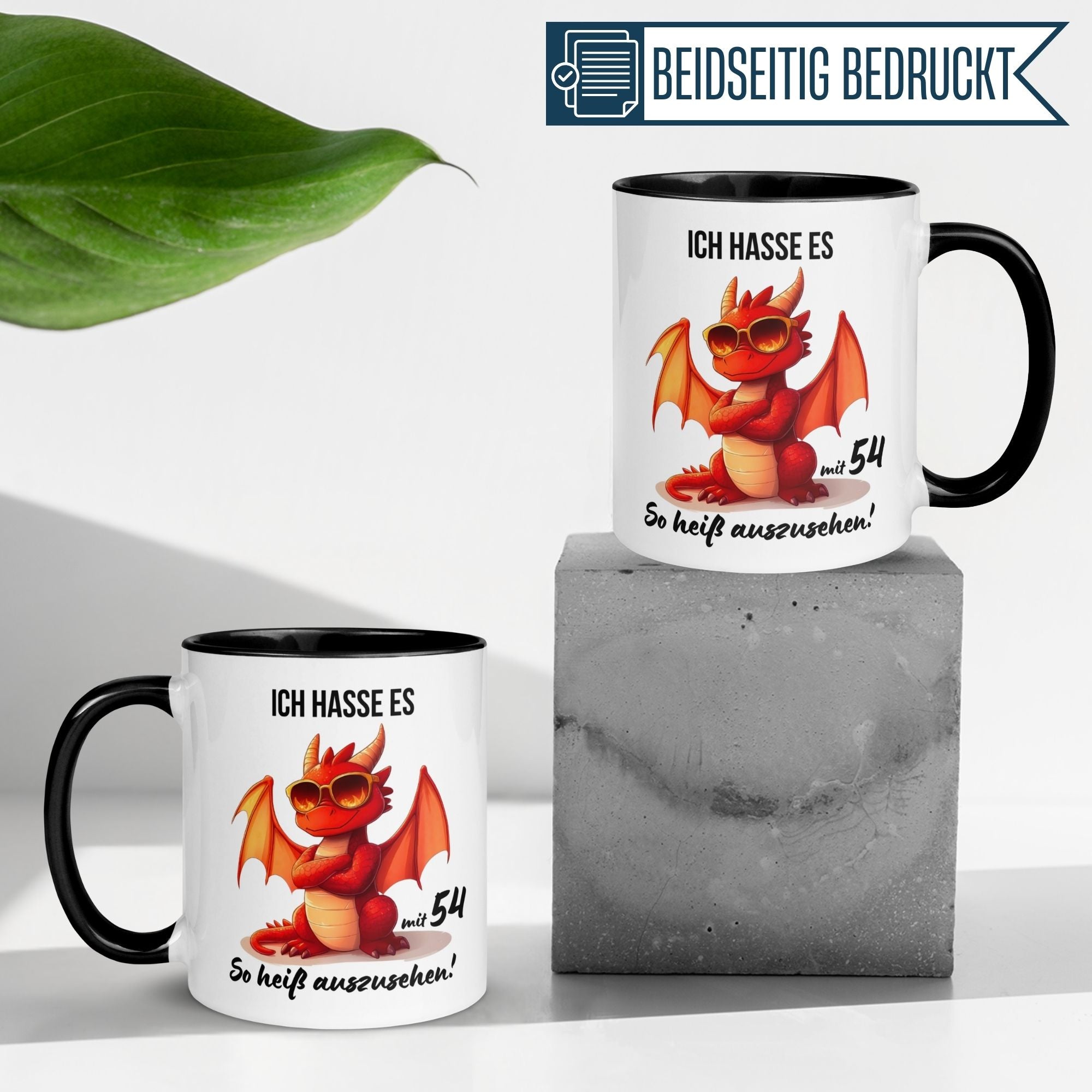 Humorous birthday mugs for 54th birthday featuring a dragon design and playful quote.