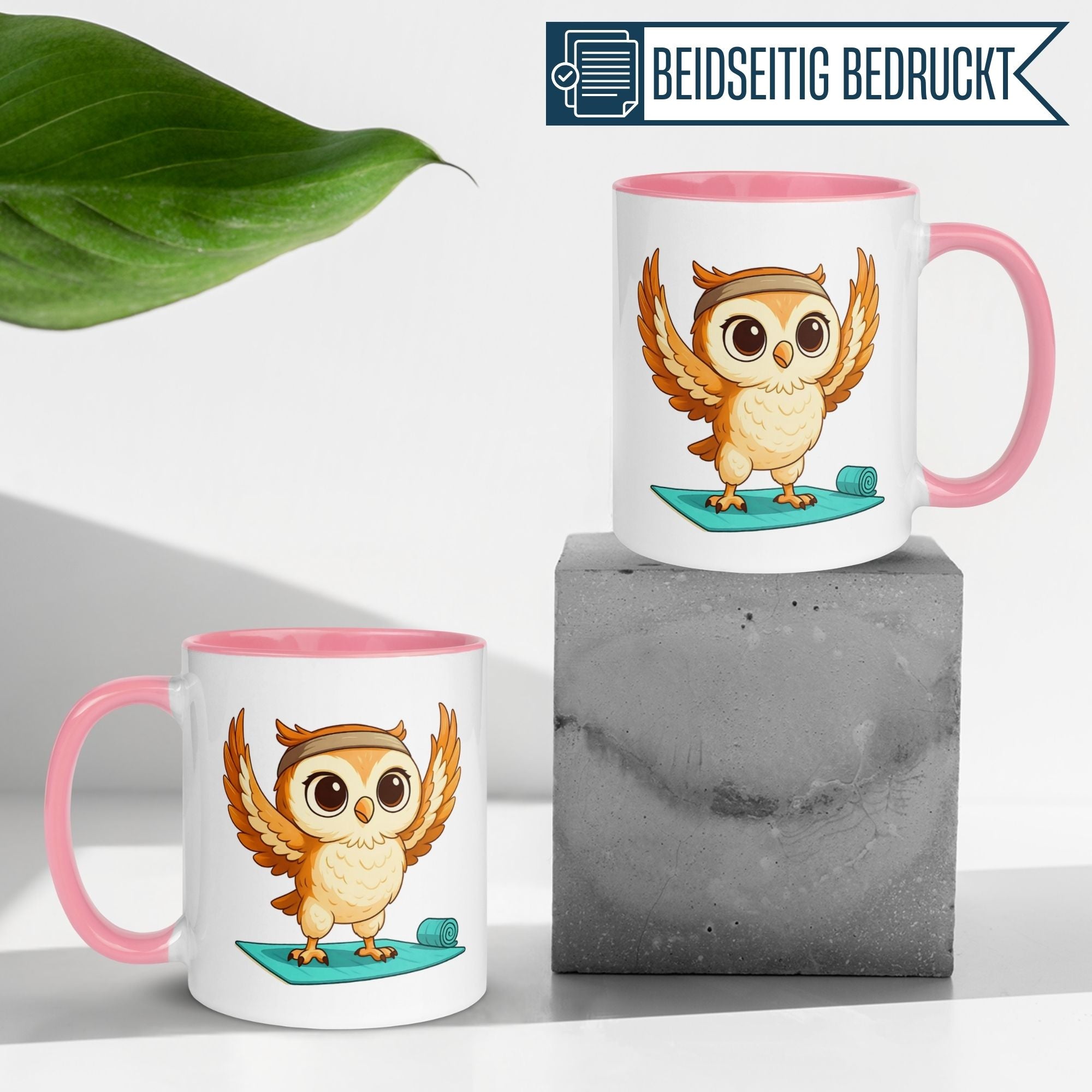 Momentals® Tasse mit sportlicher Yoga Eule, perfekt für tierliebende Fitnessfreunde.