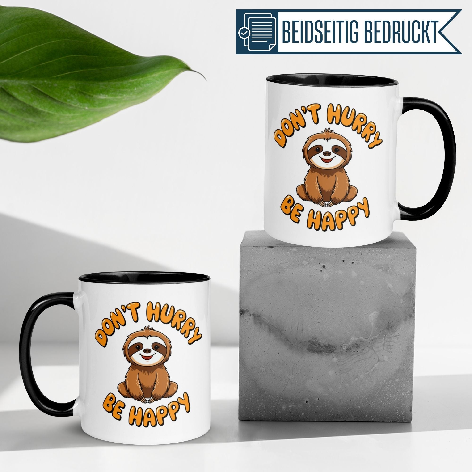 Momentals® Tasse mit Faultier-Motiv "Don't Hurry - Be Happy", ideal für entspannte Kaffeegenießer.